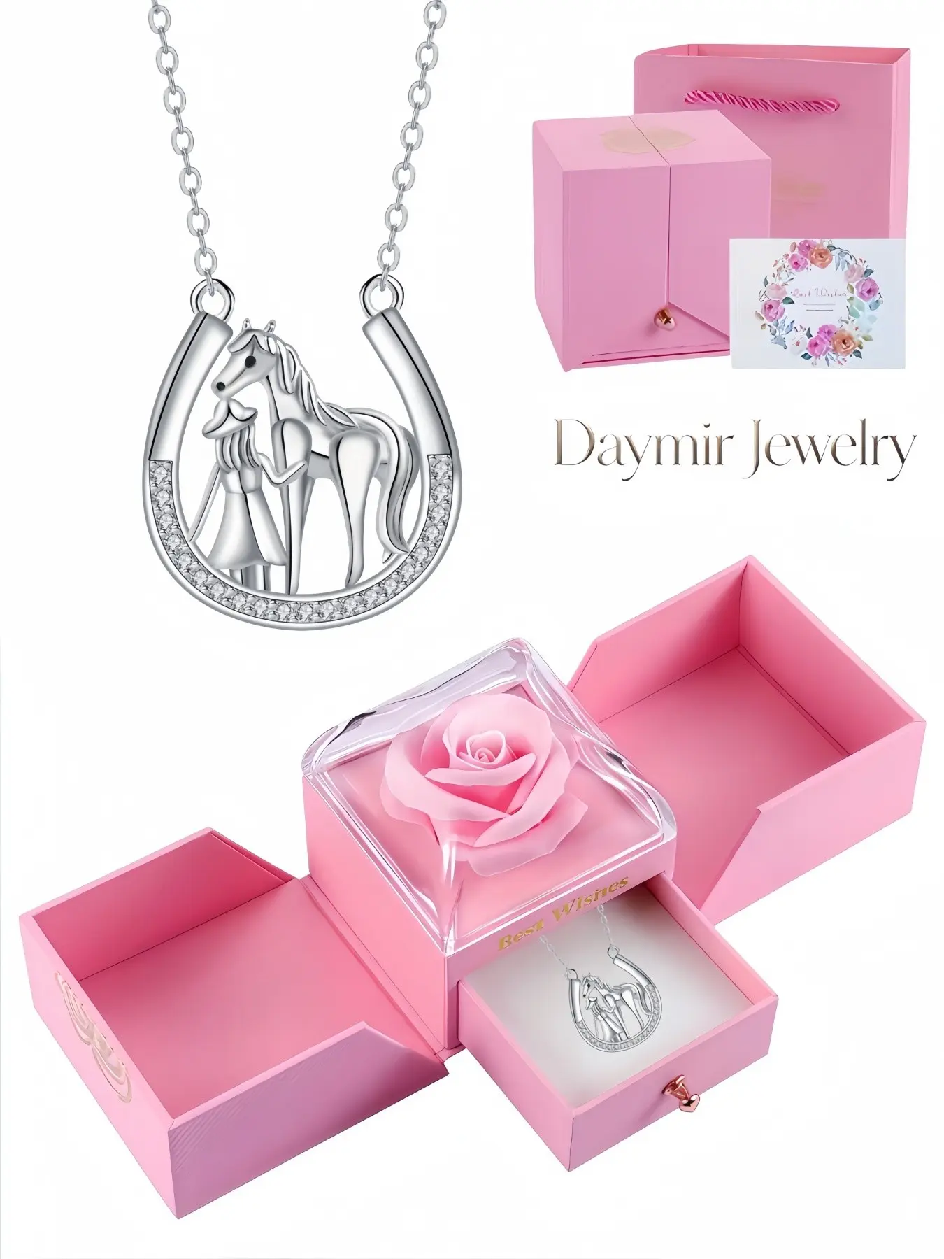 Original horse‑themed rhinestone gem necklace, bohemian western‑style horseshoe clavicle chain, surprise double‑door preserved rose jewelry box, romantic dating gift for Valentine’s Day, Christmas and other meaningful festive days