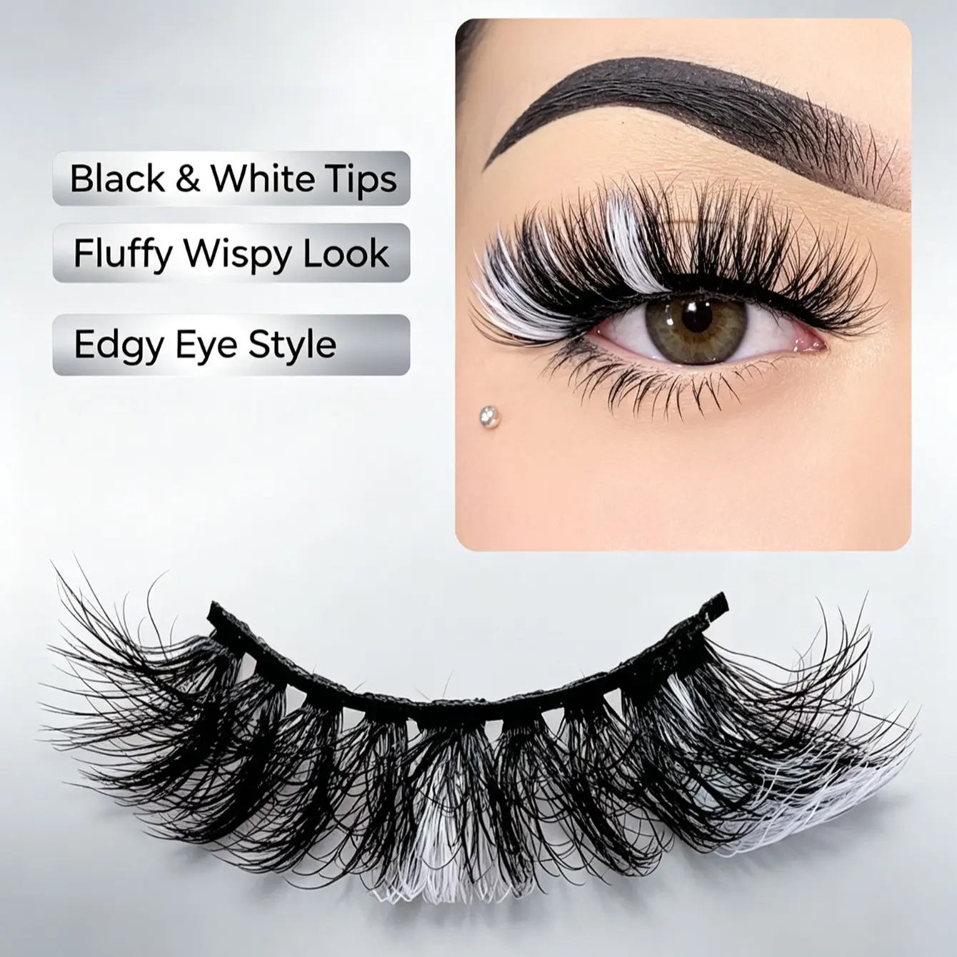 Monochrome Black White Tips Strip Lashes Fluffy Wispy Faux Mink Lashes Edgy Style Cosplay Party Stage Makeup Volume Fluffy Lashes False Eyelashes