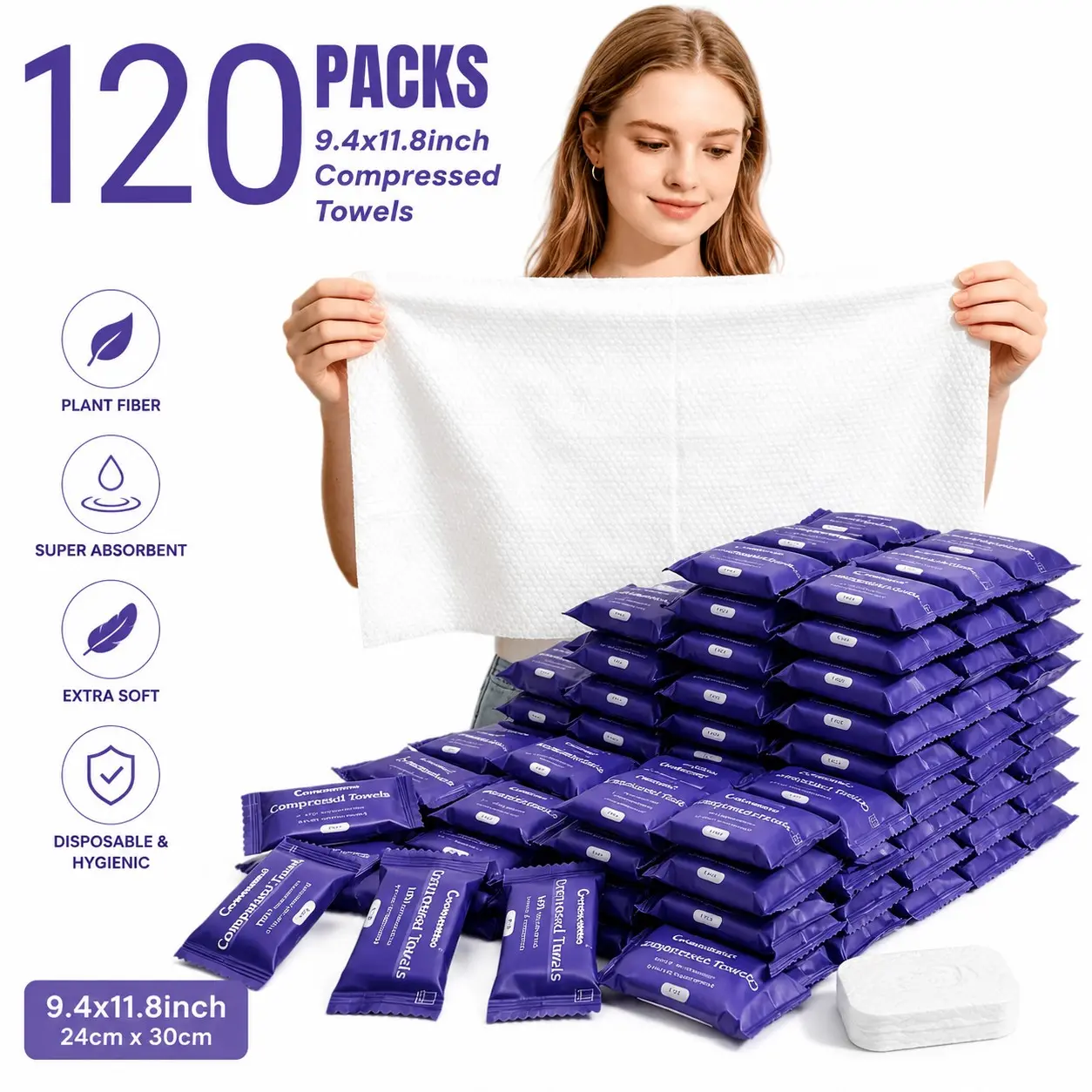 120 Packs Extra Thick Compressed Towels,Disposable Compressed Face Towels, Ultra Soft & Skin-Friendly, Biodegradable Compressed Towel Tablets for Travel, Camping, Outdoor Activities & Everyday Use,9.4x11.8inch