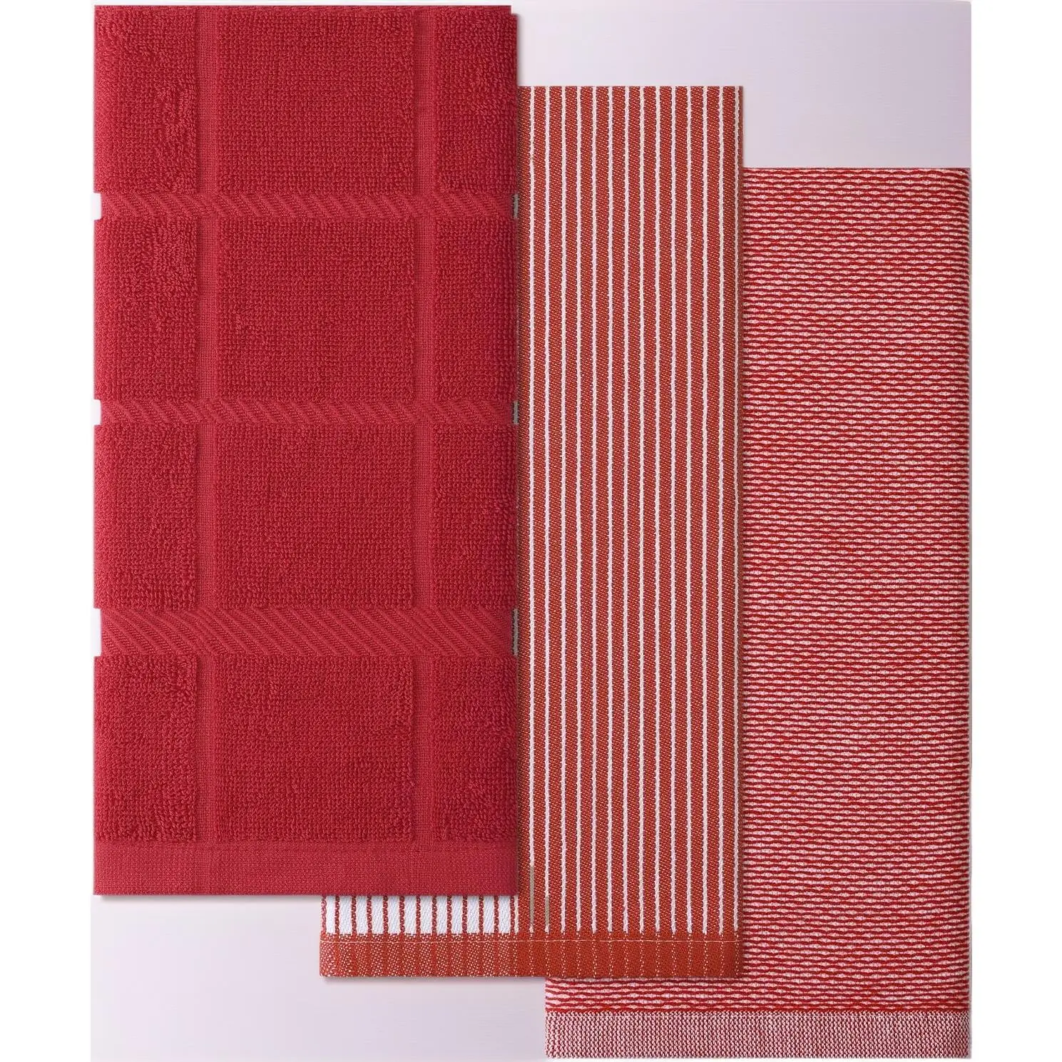 Premium Kitchen Towels 18"x28", 3 Pack Large Cotton 380 GSM Dish Towels, Highly Absorben Flat & Terry Kitchen Hand Towels, Soft Utility Tea Towel Set with Hanging Loop, Red