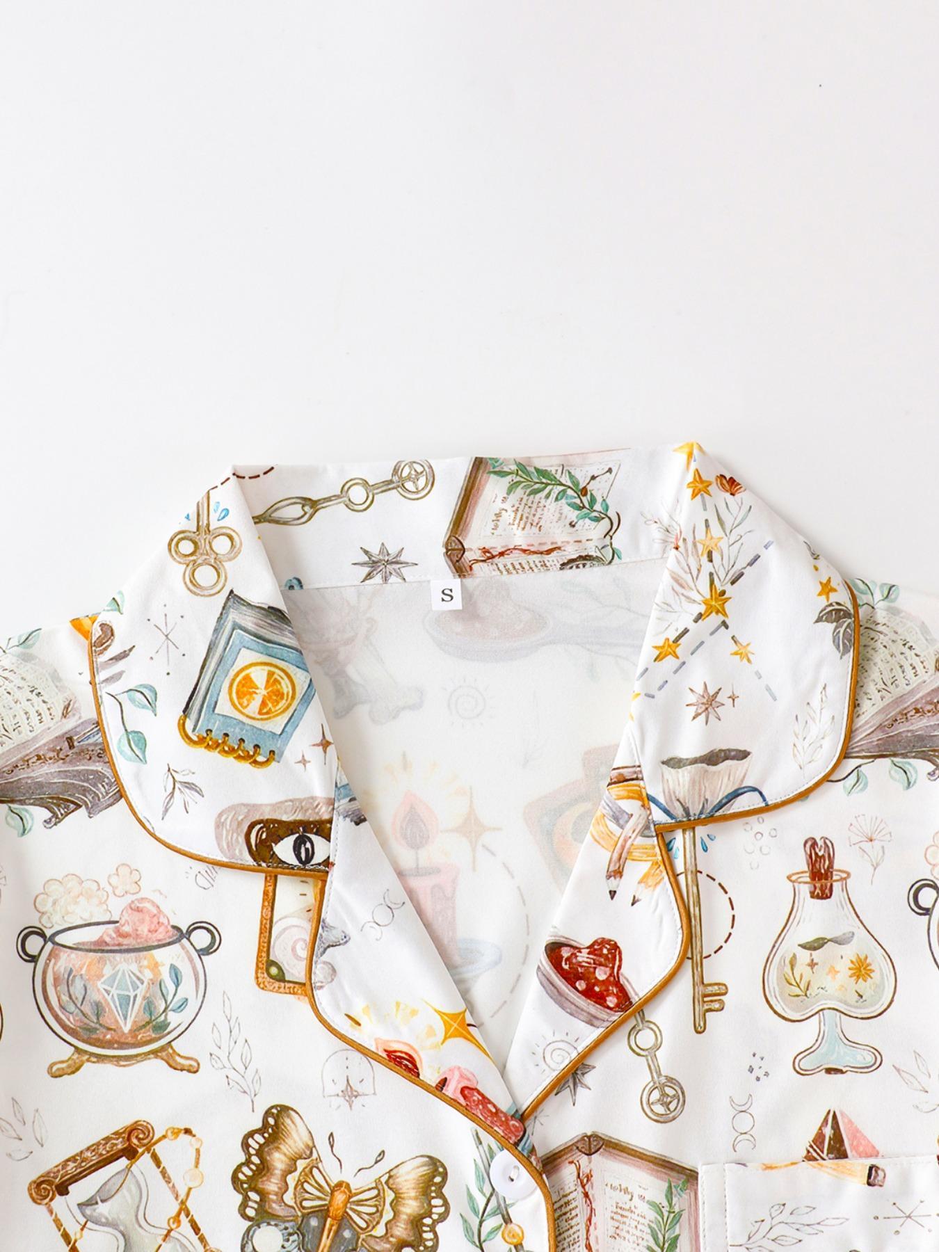 Women's All Over Print Pyjamas Two-piece Set, Casual Comfy Short Sleeve Lapel Neck Pajama Top & Elastic Waist Shorts PJ Set, Ladies Sleepwear, Loungewear Pajamas Set, Casual Pajama Sets