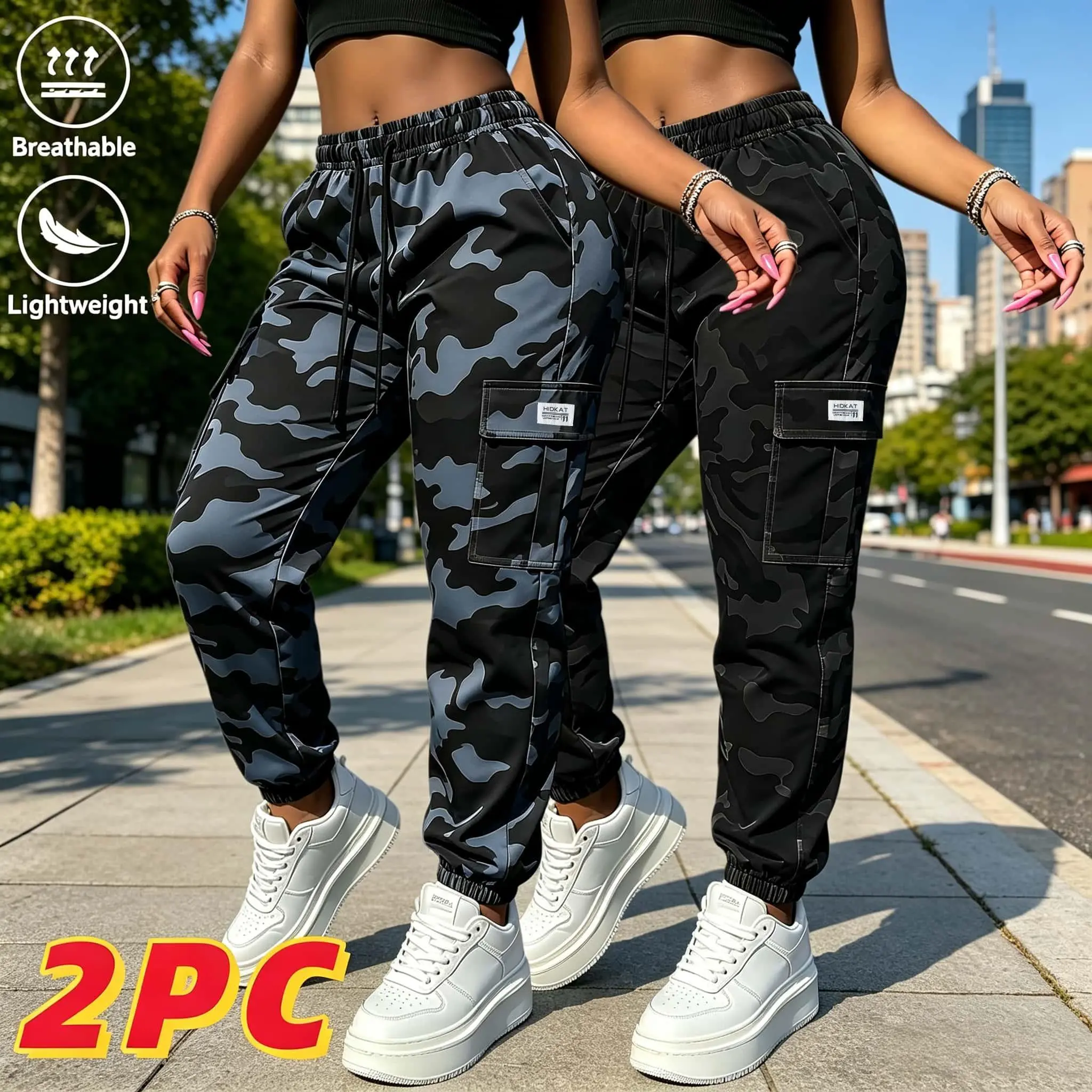 Women's 2-Pack Camouflage Cargo Joggers - Elastic Waist with Adjustable Drawstring, Loose-Fit, Large Cargo Pockets, Lightweight Fabrics, Machine Washable Trousers for Outdoor, Casual Wear (Spring-Autumn), Cargo Pants, Outdoor Wear