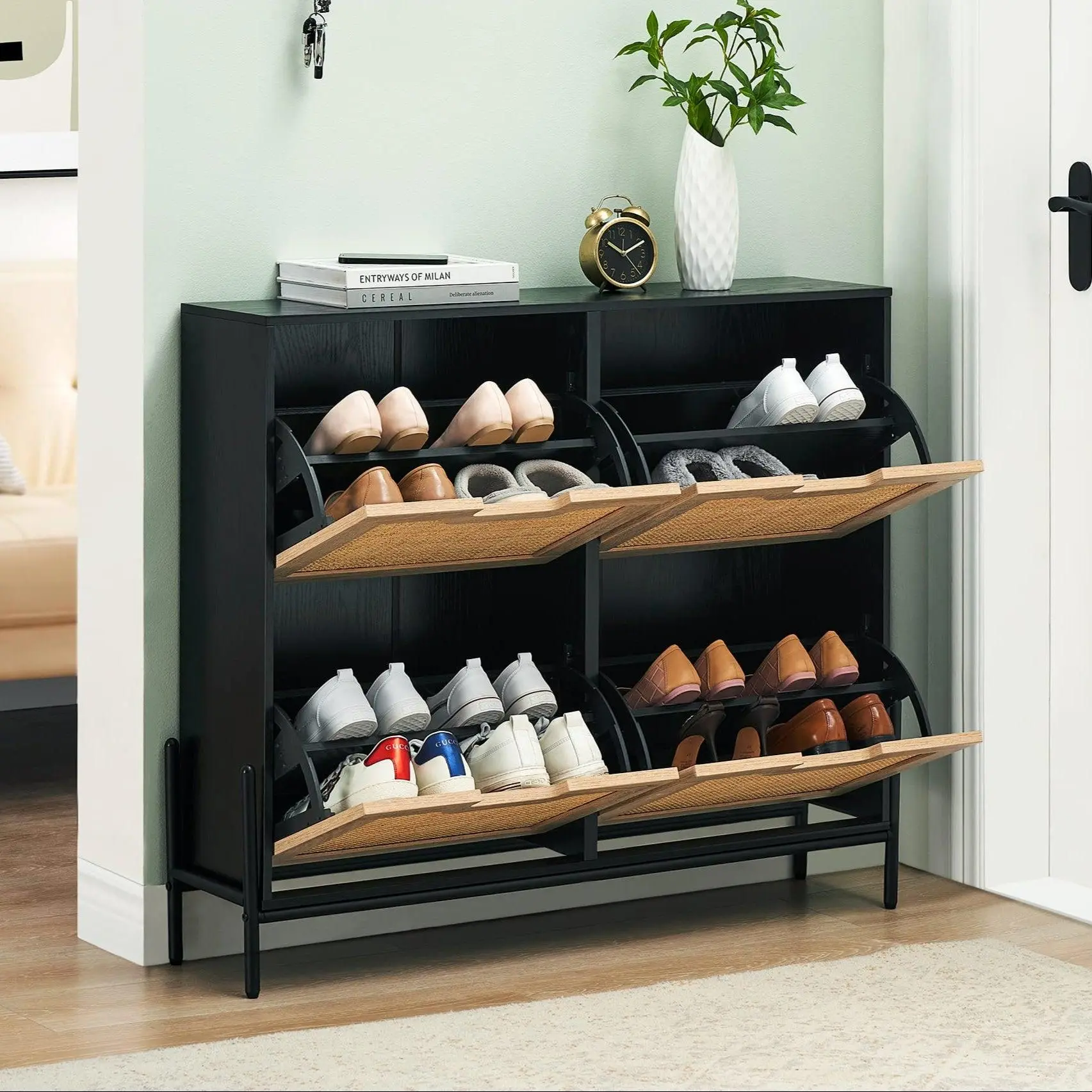 GARVEENatural Rattan Shoe Cabinet with 4 Flip Doors and Drawers, Hand-Woven Rattan, Sturdy MDF, Adjustable Shelves, Metal Legs, Free Standing Entryway Storage for Heels, Boots, Slippers, Sneakers