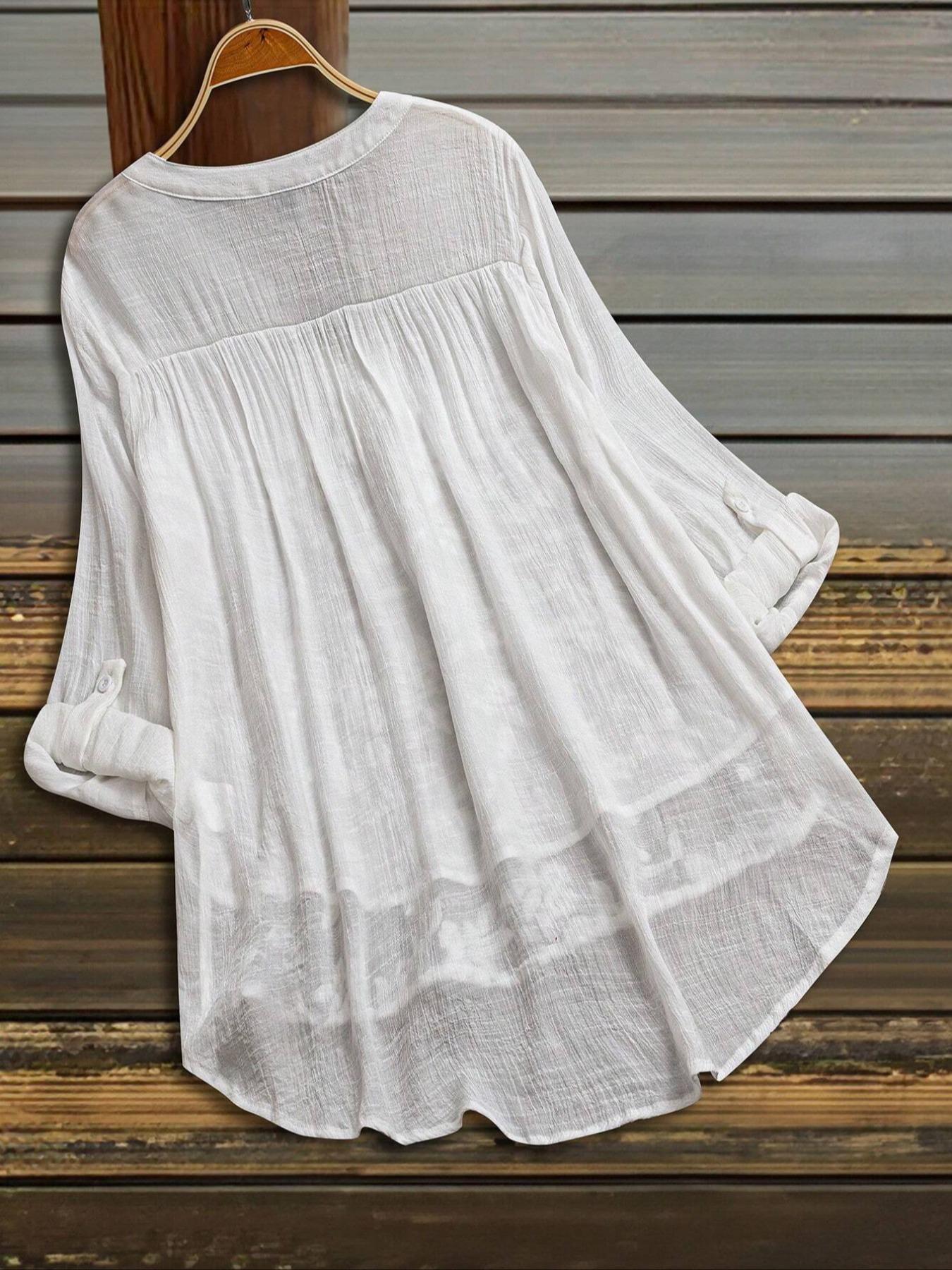 Plus Size Solid Color Long Sleeve V Neck Casual Shirt Blouse, Fashionable Comfortable Fit for Daily Wear, Perfect for Layering and Leisure