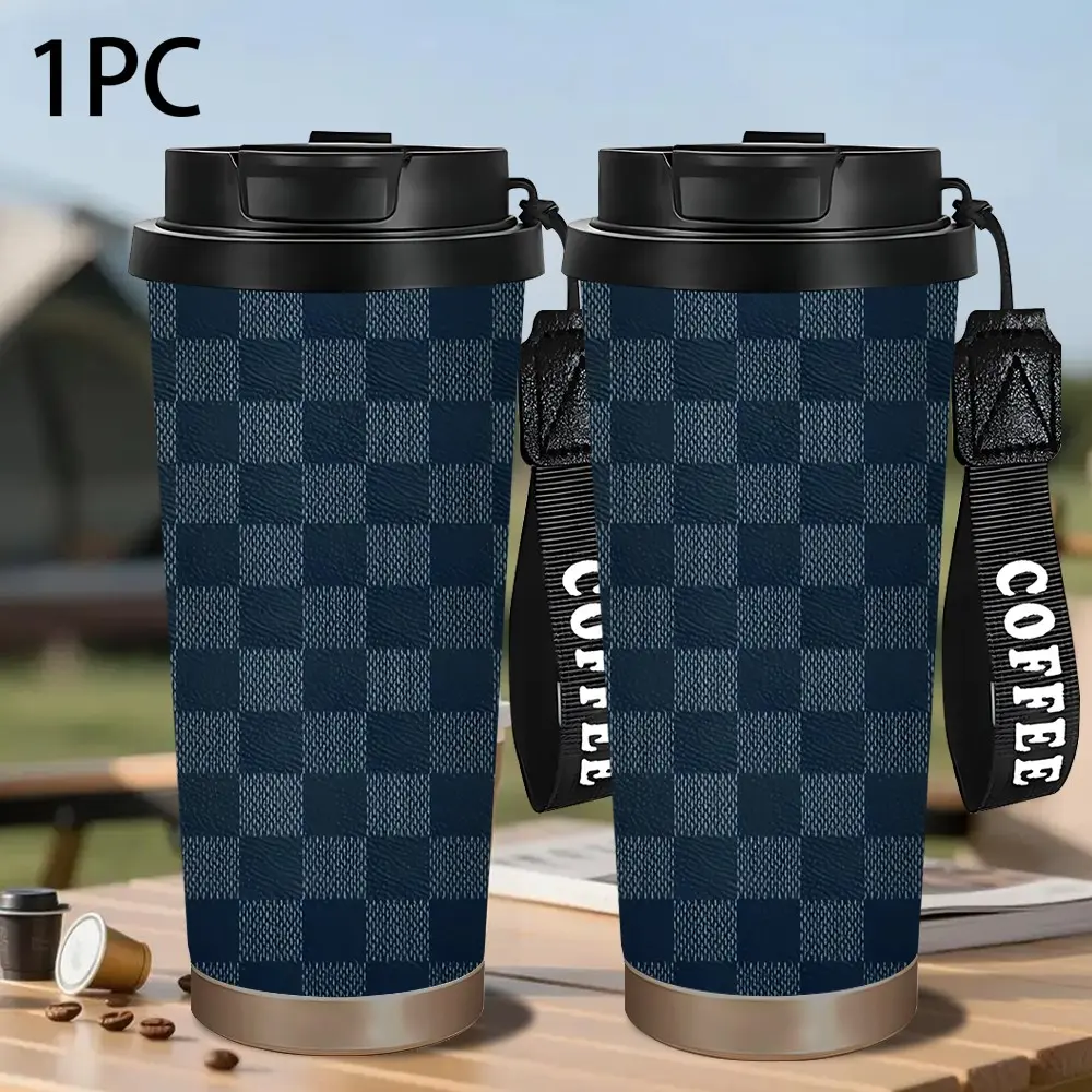 1pc 18/33oz Dark Blue Checkerboard Plaid Stainless Steel Insulated Bottle, Ideal Gift for Valentine's Day, Father's Day, Mother's Day, Christmas, Halloween, New Year, Sports Office Camping Daily Use