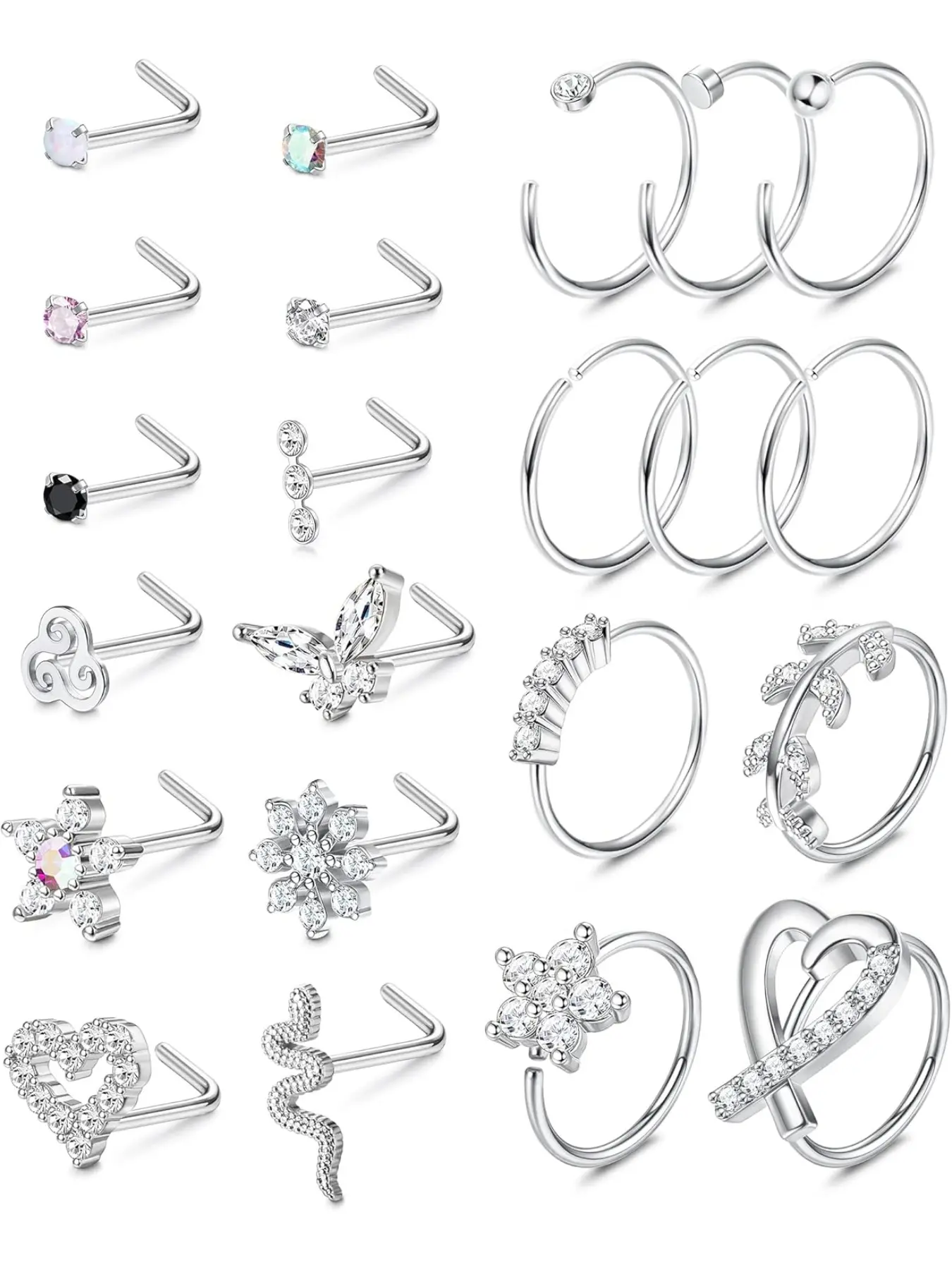 22pcs 20g Nose Ring Stud for Women Men, Stainless Steel Paved Cz, Round Star Nose Stud, L Shape Flower, 8mm Silver Color, Piercing Jewelry Set