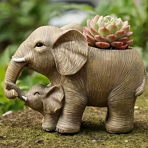 1 resin flowerpot with elephant and baby elephant patterns featuring drainage holes - for indoor/outdoor gardening decoration. Irregular shape, stable and durable, made of weather-resistant material. Elephant-themed animal design. Home decoration. Strong
