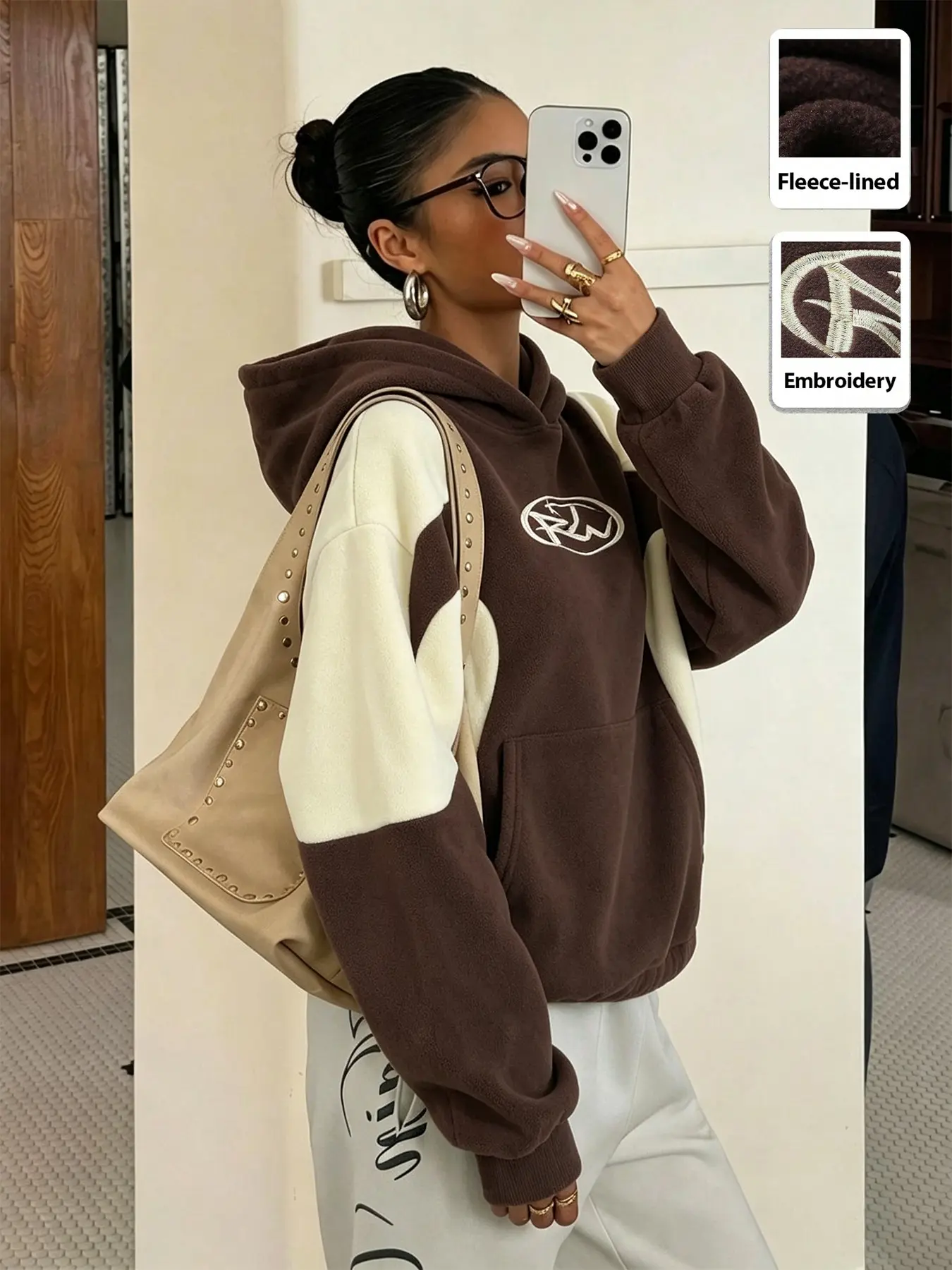 Women Color Block Fleece Lined Hoodie, Casual Hoodie Tops, Vintage Embroidery Logo Patchwork Pullover Hooded Sweatshirt, Oversized Kangaroo Pocket Long Sleeve, Autumn Winter Clothes