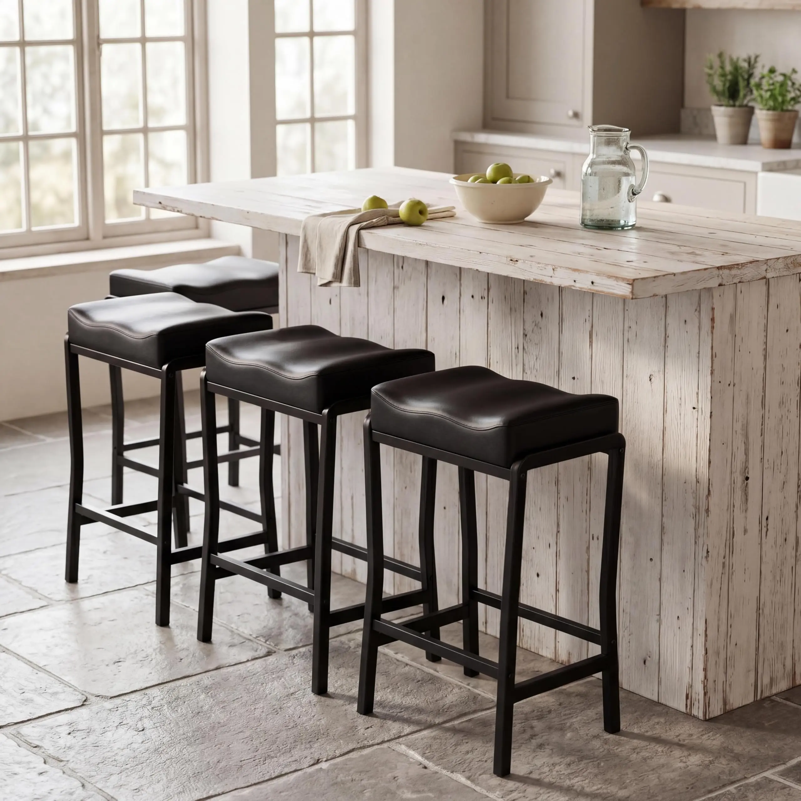 Garvee Bar Stools Set of 4, 26 Inch Counter Height Modern Barstools with Thick Seat, Metal Frame & Footrest, Faux Leather Saddle Stools for Kitchen Island, Dining Room