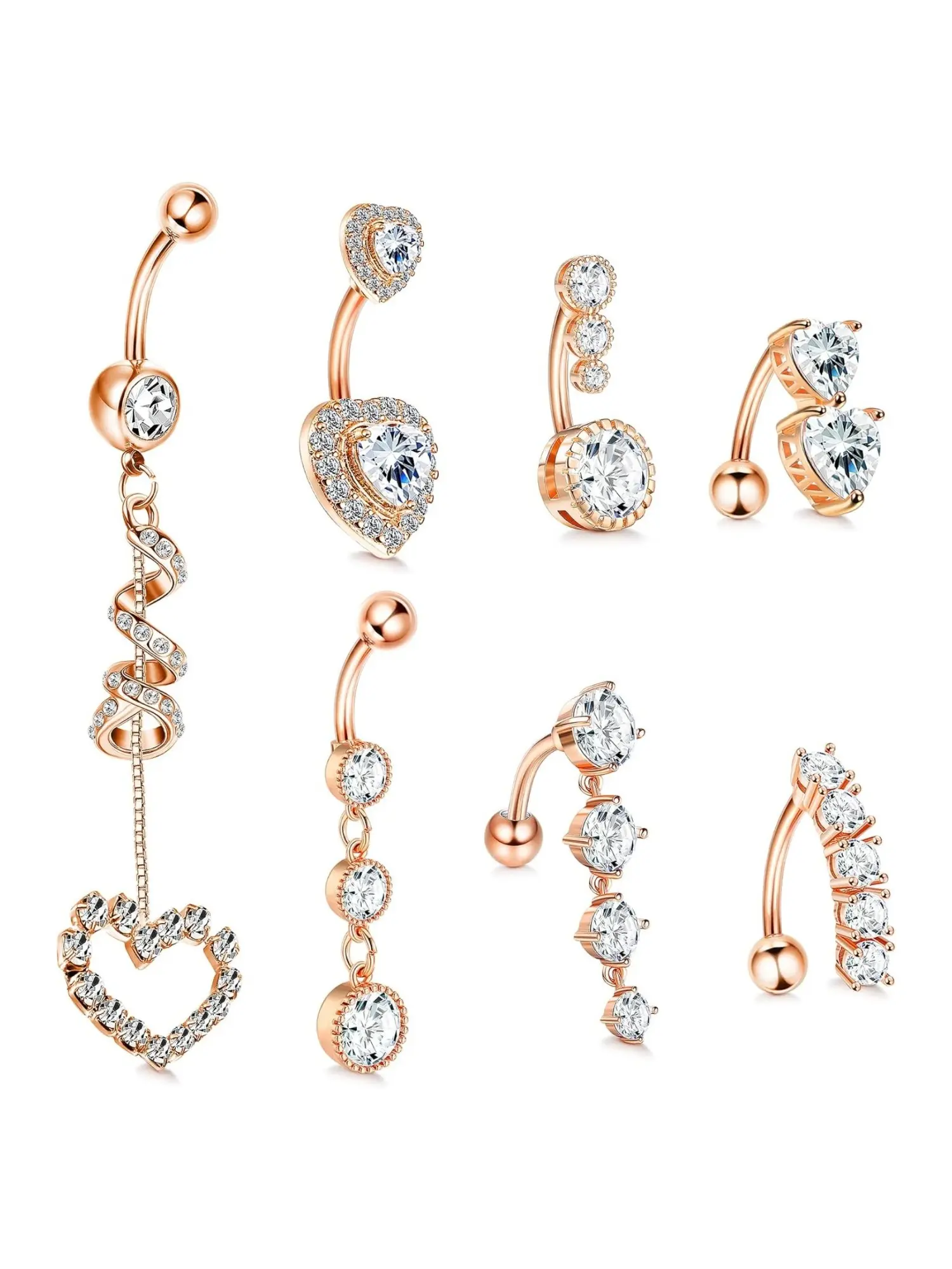 7 Pcs Exquisite Rose Golden CZ Belly Button Piercings 316L Surgical Stainless Steel Navel Rings for Women Varied Sparkling Decorations Heart-Shaped Frames Vertical Multi Pendants Double CZ Tops Classic Curved Barbell Structure Romantic Chic Body Jewelry
