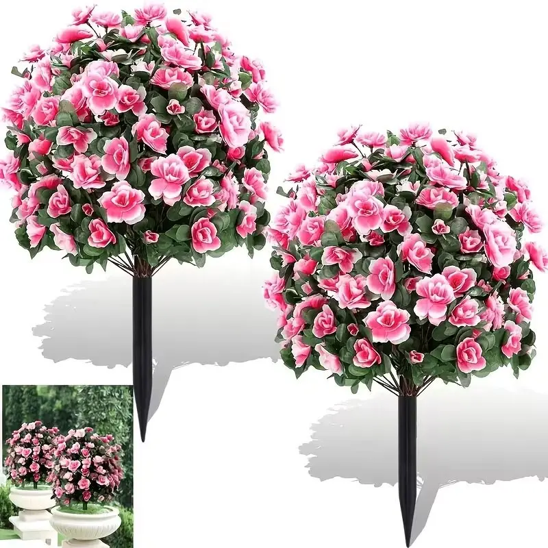 Artificial Boxwood Topiary Ball Trees with Ground Spikes UV Resistant Faux Greenery Shrubs Fake Shrubs for Outdoors, Realistic Faux Plants Bushes for Garden Porch Yard Patio Decor (Pink)