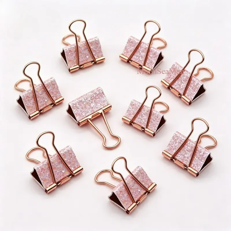 10pcs Pink Glitter Binder Clips, Rose Golden Metal Paper Clips, Decorative Document Fasteners, Durable Heavy Duty File Clips, Shiny Desktop Stationery Accessories, Multi Purpose Paper Fasteners, Planner & Journal Binder Clips, Storage & Organizing