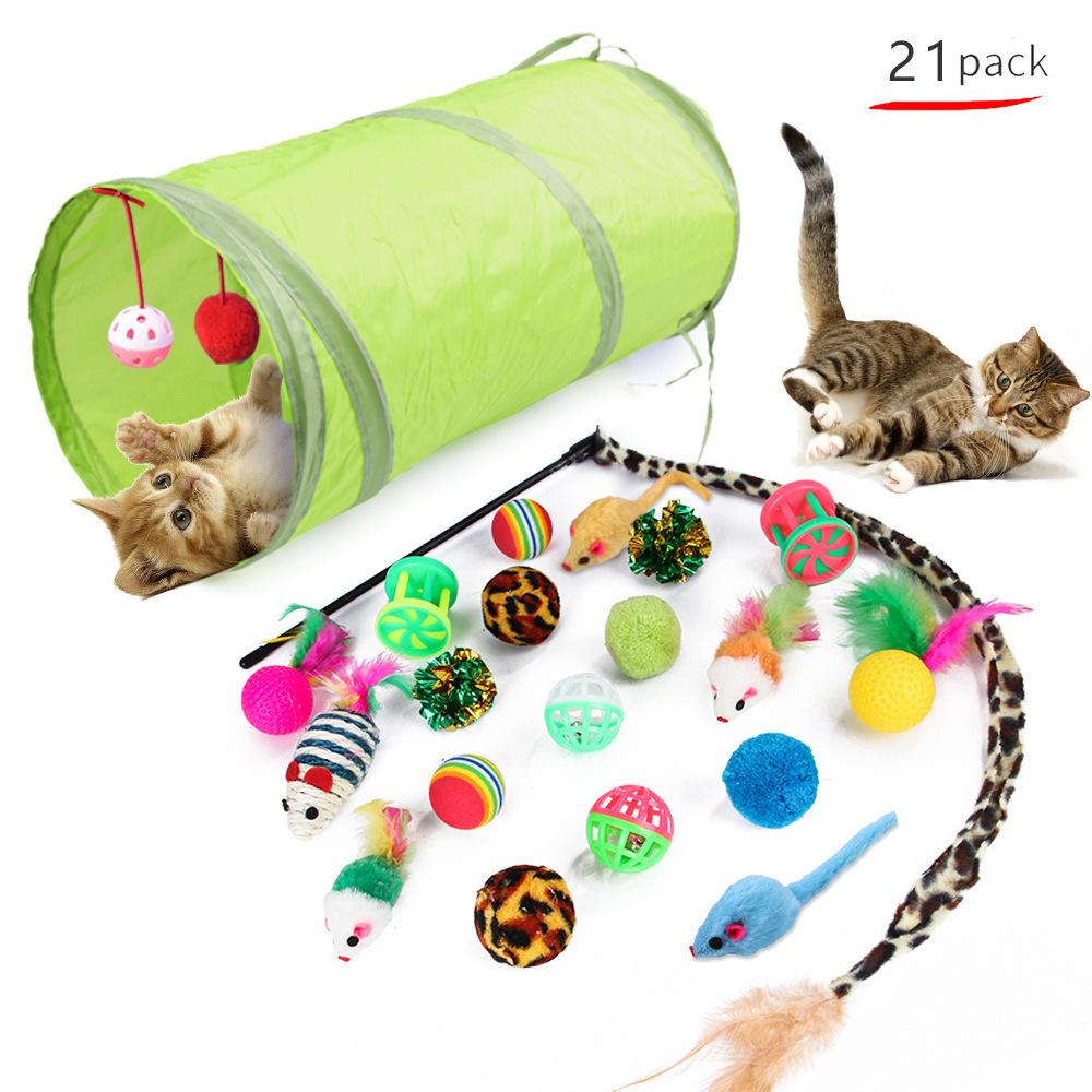 Interactive 21Pcs Cat Toys Kit Collapsible Cat Tunnel Feather Wand Plush Mouse Variety Pack for Indoor Cats Rechargeable Livestock Prod with Flexible Shaft pet stuff dog pepper spray dog bugs detector reverse slow feeder shaped harness silicone k9