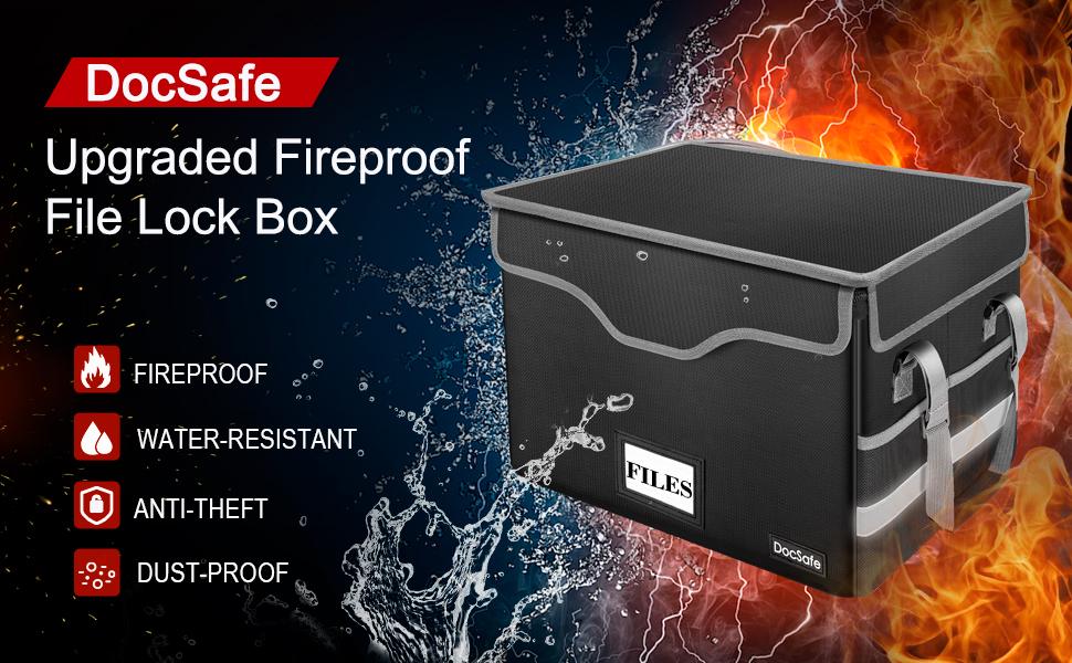 File Box Fireproof Document Box with Lock,File Storage Organizer Box with Mesh Pockets,Collapsible Portable File Box Office File Cabinet with Handle for Hanging Letter/Legal Folder,Black