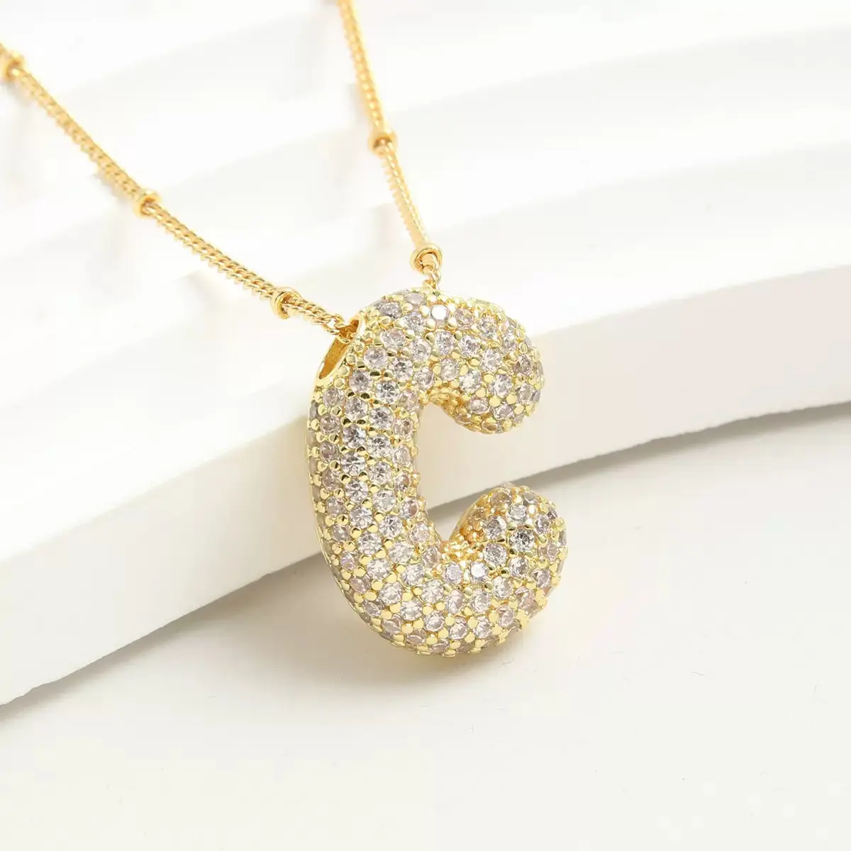 Bubble Initial Letter Necklace For Women Men, Full Pave Shiny Cubic Zirconia Chunky 3D Alphabet Pendant Adjustable Bead Chain Personalized Custom Jewelry Gift For Daily Wear Birthday Anniversary