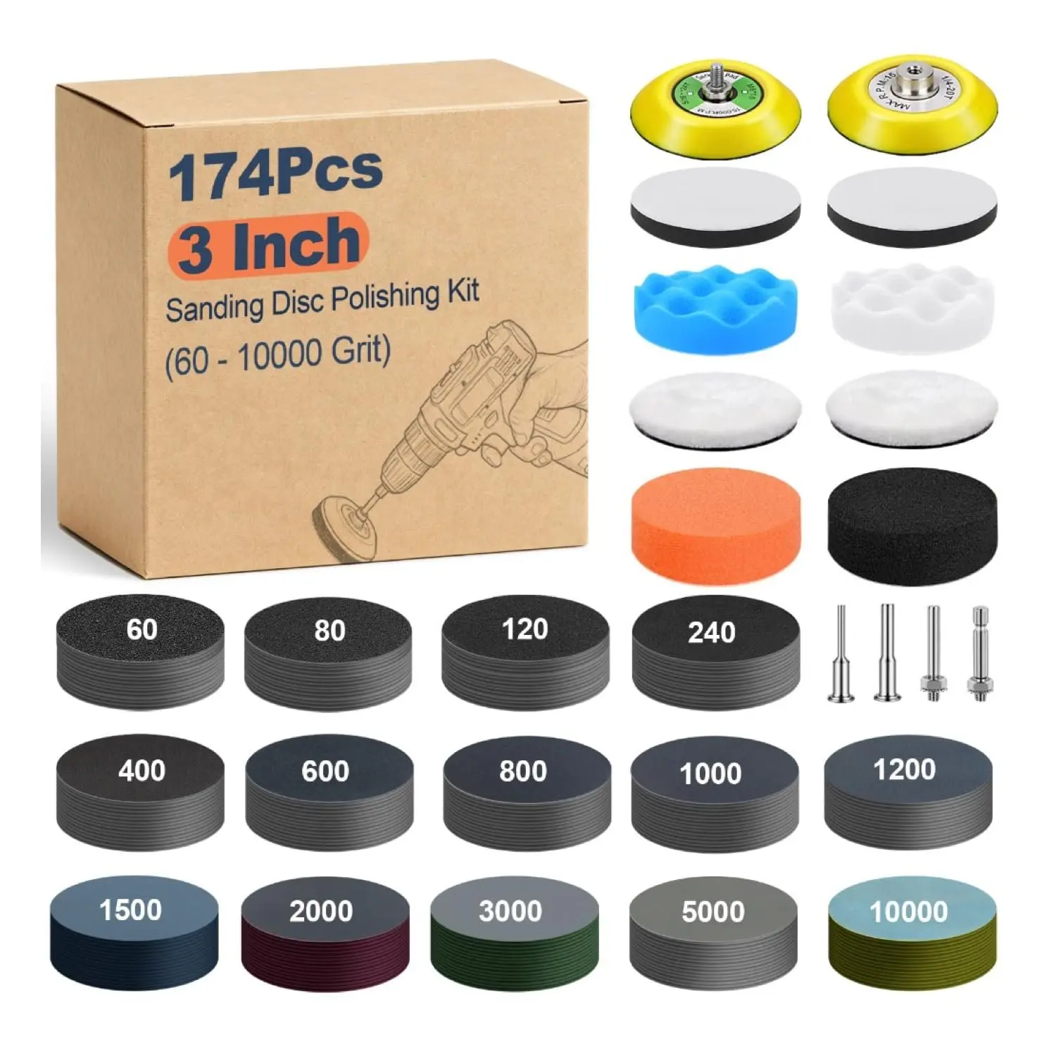 174 count 3 Inch Sanding Discs Drill Polishing Kit, 60-10000 Grit Set | Wet Dry Hook and Loop Sandpaper with  Sponge Buffing Pads, Drill Attachment for Headlight Restoration,  Metal