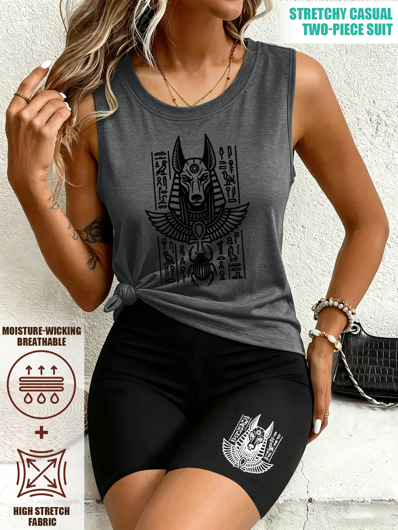 Women Tank Biker Short 2Pcs Set, Anubis Egyptian Totem Print, multi-color, washable, stretchy soft summer outfit