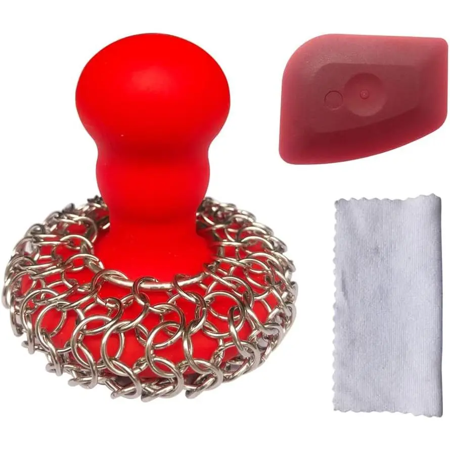316 Upgraded Chainmail  with  Handle Cast Iron Cleaner for Cast Iron Grill Pan Skillet Wok Bakeware  to Hold Easy to Use Dishwasher Safe,  + Scraper + Towel (Red)