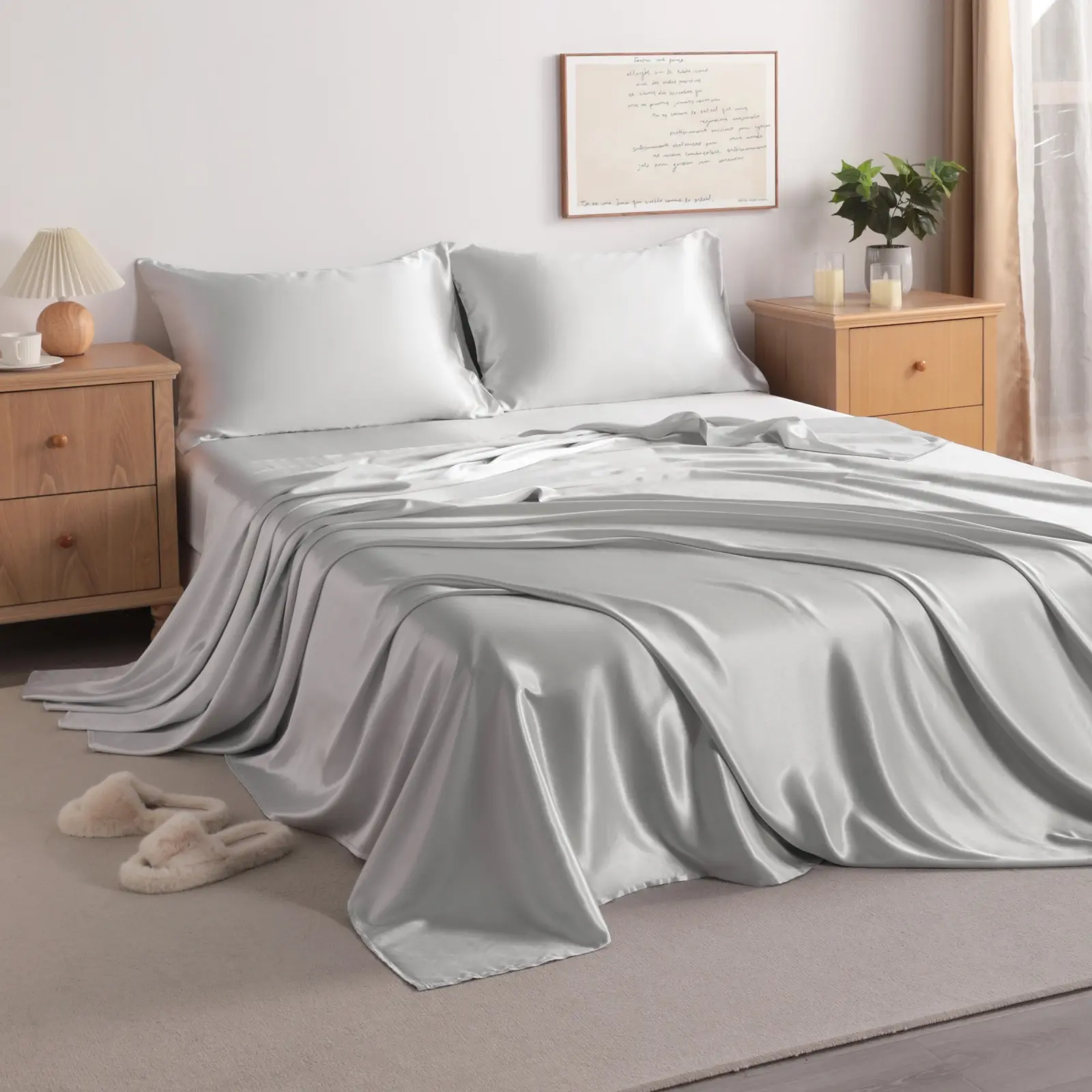 MAIN STREET 6PC Luxury Sheet Set Silk Elegant Design High-Quality Fabric Perfect for Special Occasions Satin Sheets Set Solid Color Classic Waffle Weave Comforter & Shams Set