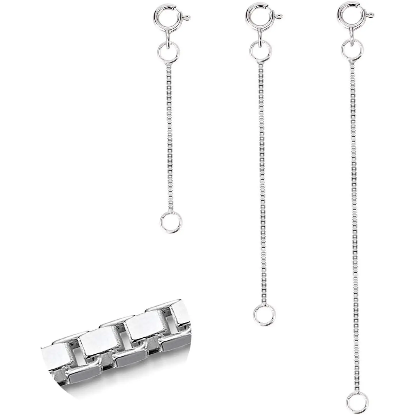 3 Pcs 925 Sterling Silver Box Chain Necklace Extenders, Durable Strong Removable Extension Chains for Necklace Bracelet Anklet Jewelry Making (2 3 4 Inch, 0.8/1mm)