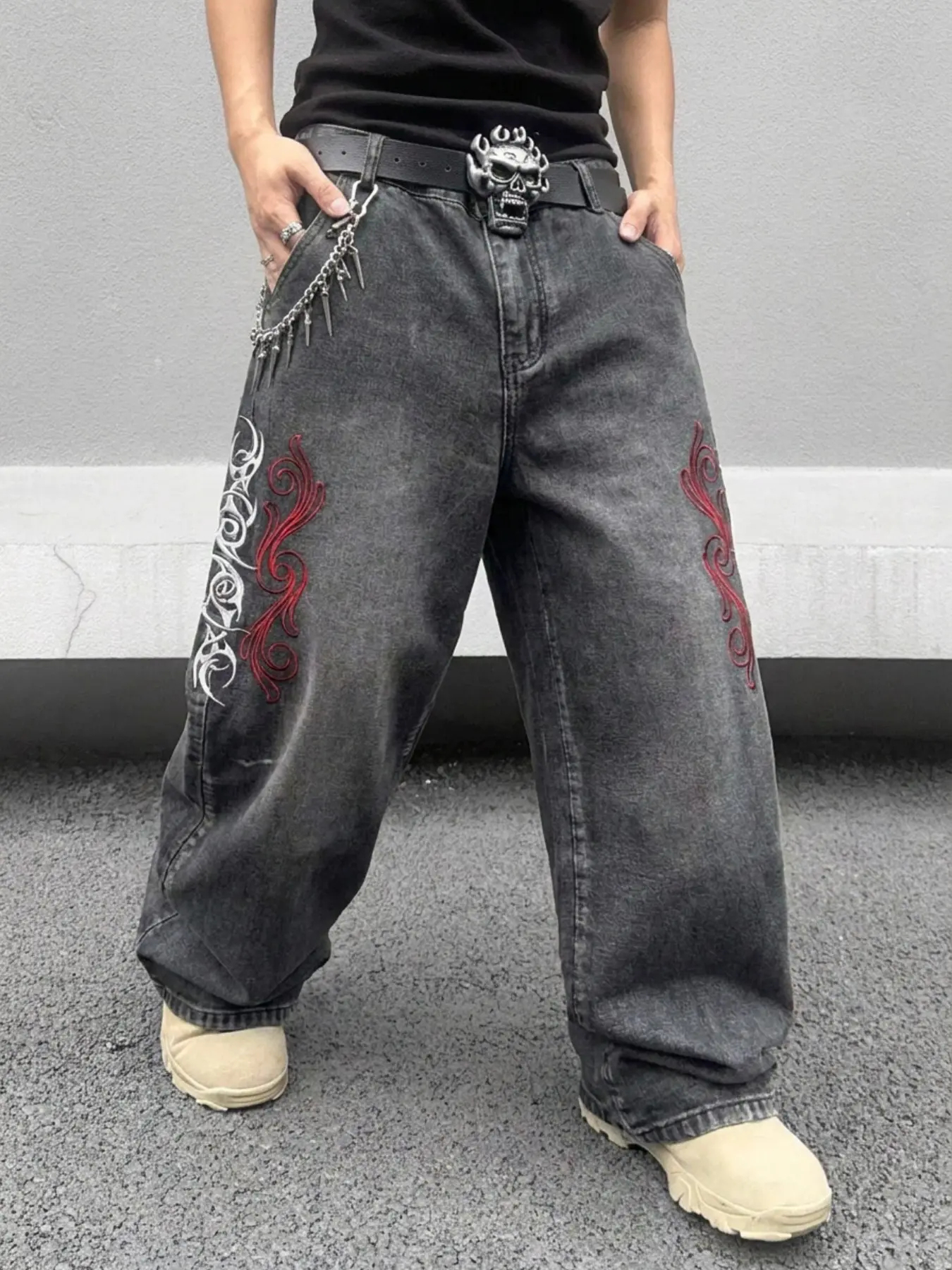 2026 Spring Summer American Retro Wide Leg Baggy Jeans, Chinese Style Embroidery Design, Fashion Casual Loose Fit Denim Jeans, Daily Wear