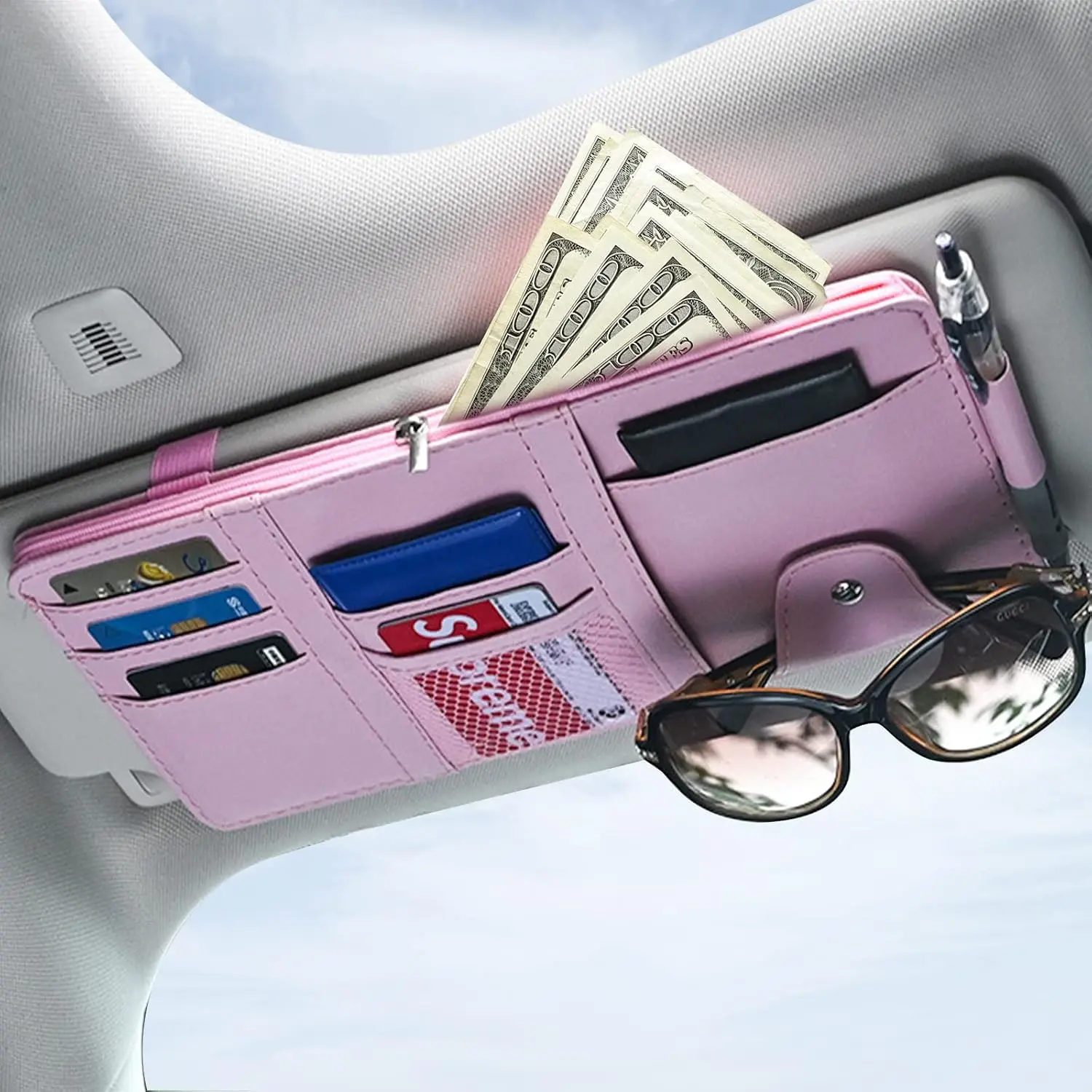 Sun Visor Organizer, Sunglasses Holders for  Sun Visor PU Auto Interior Accessories Storage Travel Document Holder with Multi Pocket