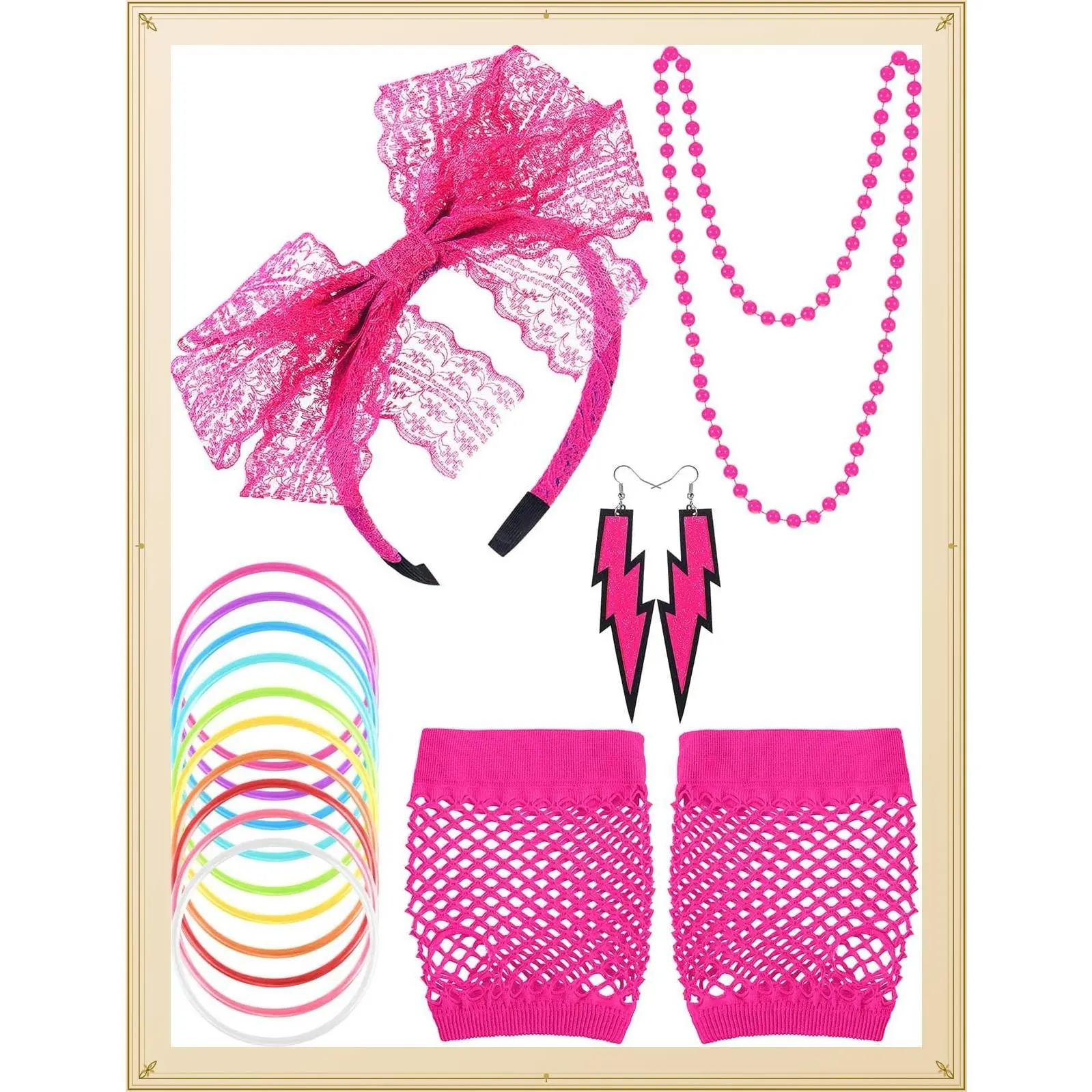 80s Outfit Costume Accessories for Women | Includes Lace Headband Earrings Fishnet Gloves Necklace Bracelet Neon Colors 1980s Jewelry Set Retro Party CosplayGift