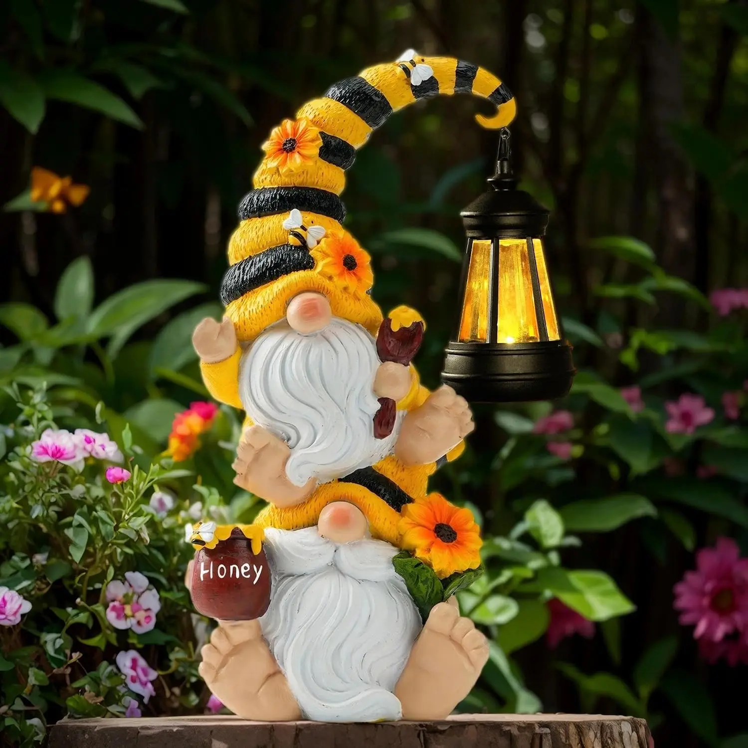 Solar Bee Garden Gnomes with LED Lantern – Waterproof Stacked Outdoor Decor for Yard, Patio – Unique Gnome Gift for Women, Mom, Grandma (Weatherproof Resin, Outdoor Statues)