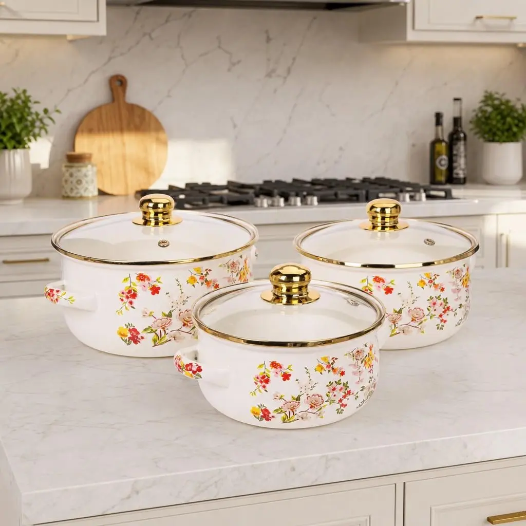 3-Piece Vintage Floral Enamel Pot Set, Glass Lid Gold Color Trim, 16/18/20cm, Home Cooking Kitchenware, Dual-Use Tabletop, Christmas Gift