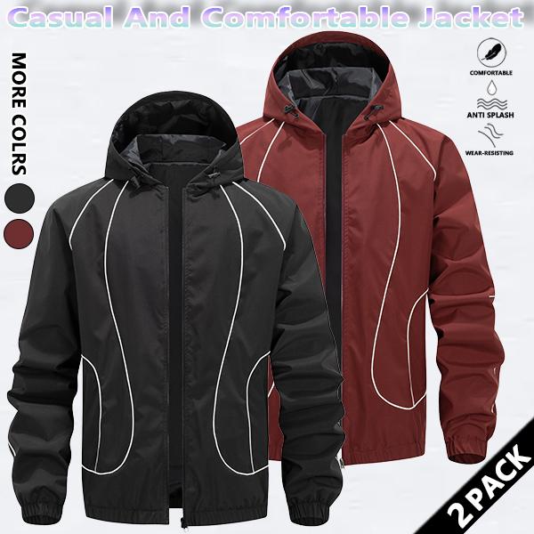 Men's solid color waterproof and windproof drawstring zipper hooded jacket, trendy striped print casual long-sleeved jacket with zipper pockets, suitable for outdoor activities, all year round.