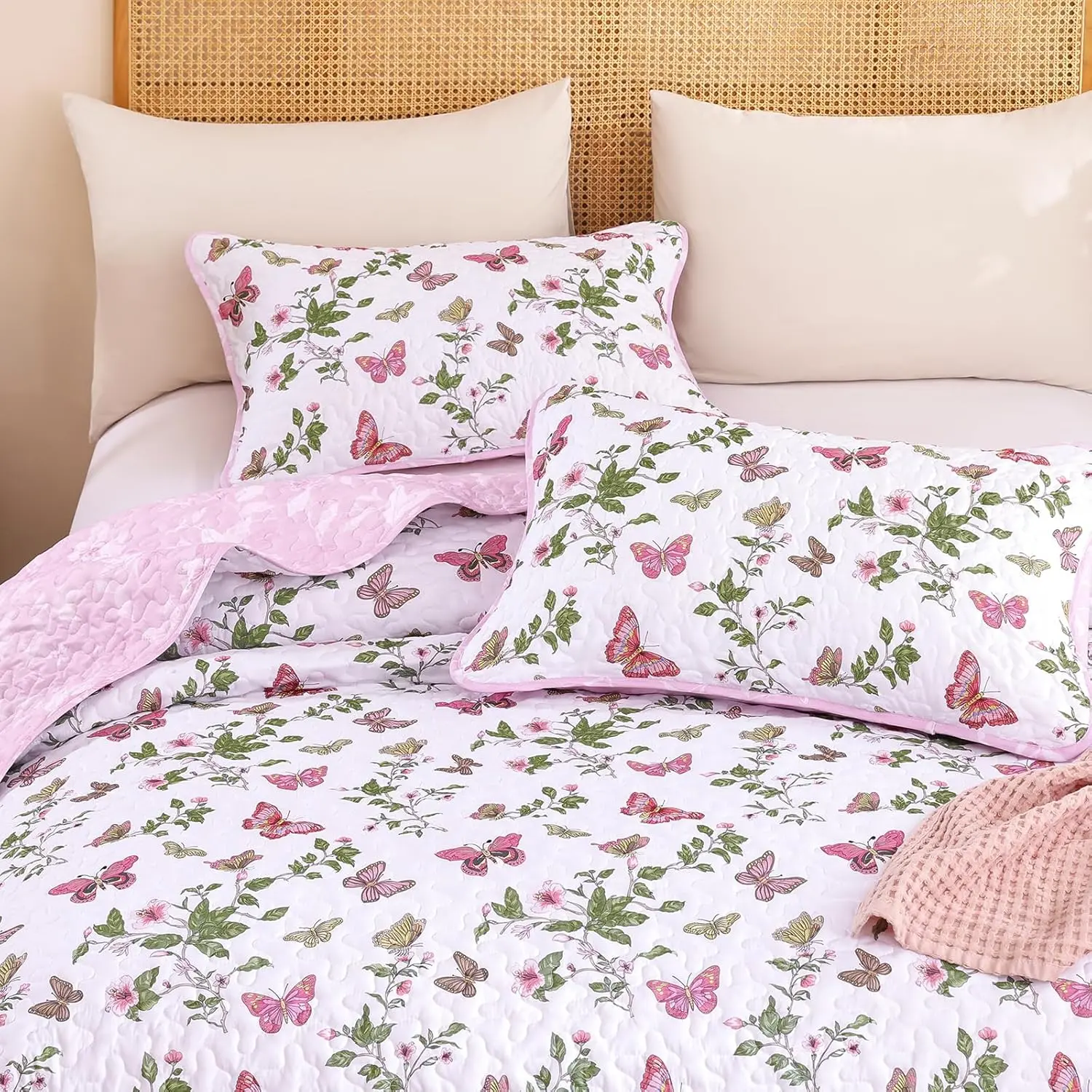 Floral Set Queen Size, 3 Pieces Pink Bedspread Coverlet Set, Lightweight Coquette Cottagecore Bedding Set for Teen Girls All Season(96"x90")