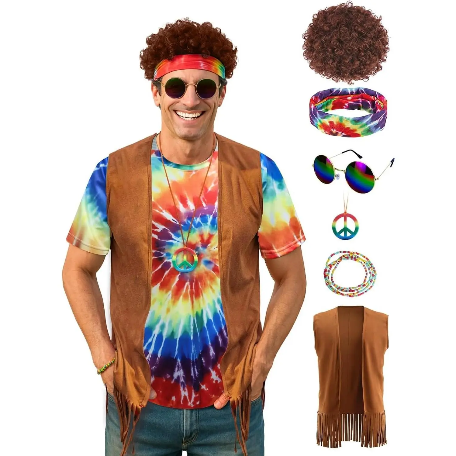 Men's 70s Hippie Costume Tie Dye Shirt Set Halloween OutfitGift