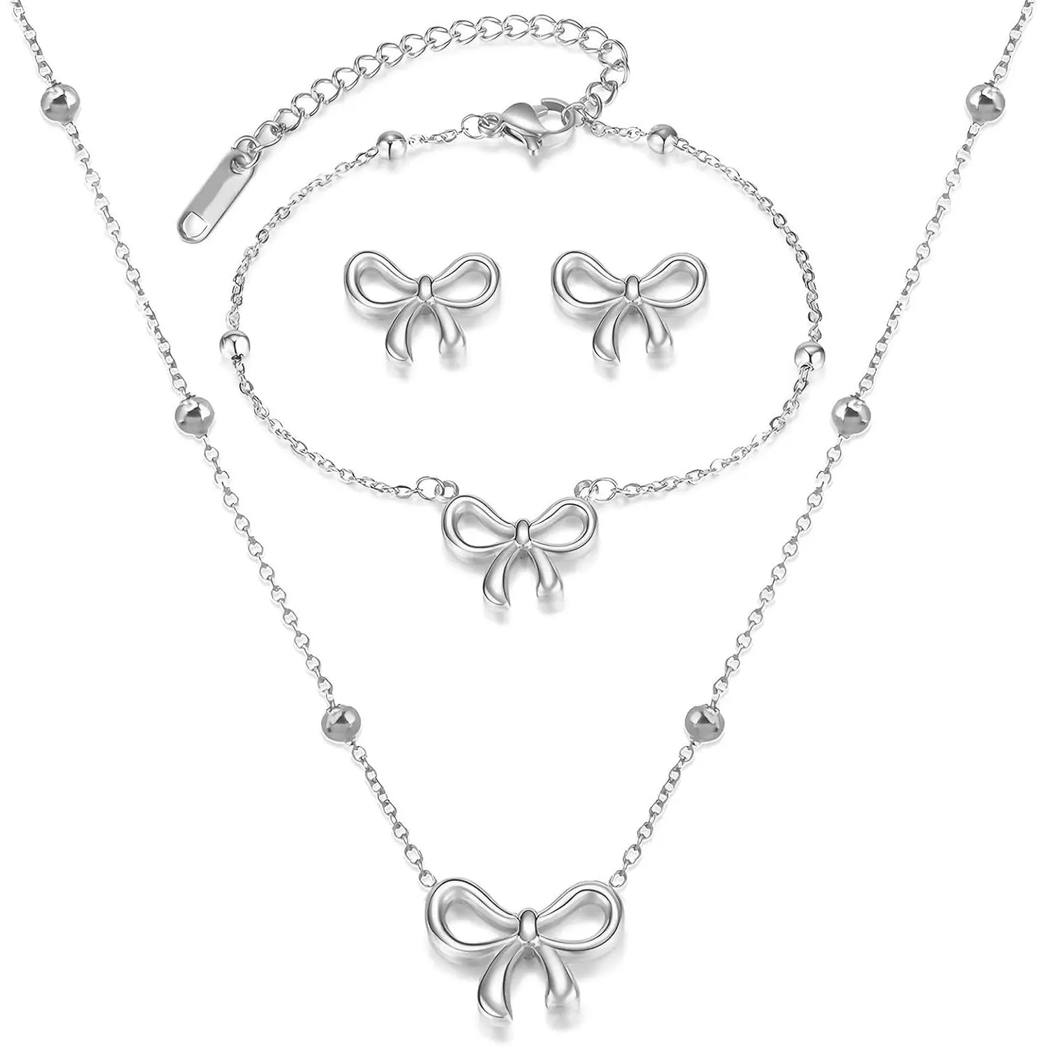 Bow Necklace Earrings Set Rhinestone  Set for Bridal Bowkont Pendant Necklace Earrings Bow Weddiing  for Women