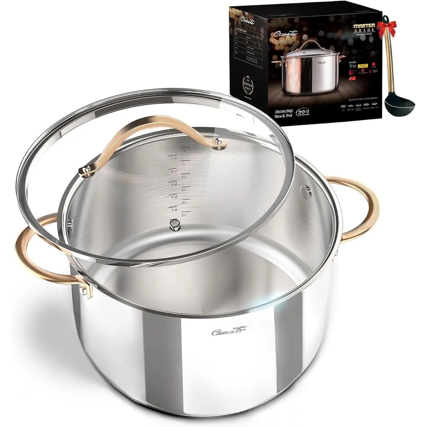 Ciwete 8 Quart 3 Ply Whole Clad 18/10 Stainless Steel Stock Pot with Lid, Induction/Oven/Gas Compatible, Dishwasher Safe Cookware