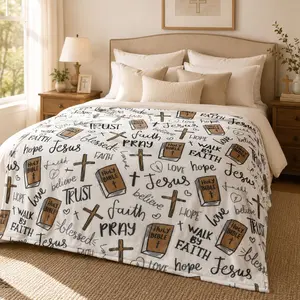 Jesus Faith Cross Bible Print Flannel Blanket, Thick Soft Anti-Pilling, All Seasons Adult Leisure Blanket
