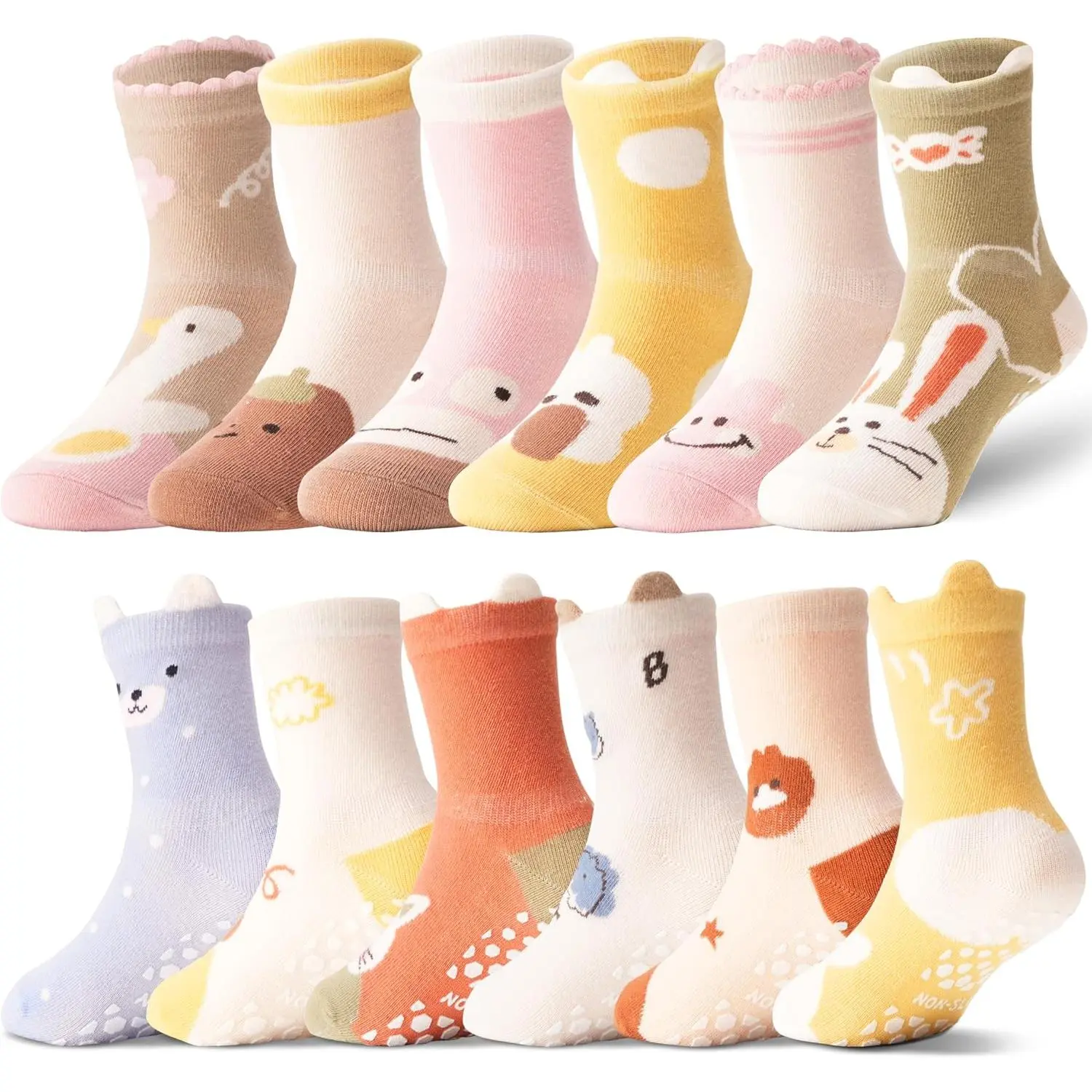 12 Pairs Baby Girls Boys Toddlers Kids Grips Socks Crew Cotton Non-Slip/Anti-Skid Grips Socks breathable, 1-3T, 3-5T