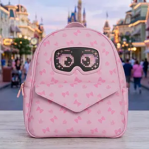 Pink faux leather LED backpack, medium-sized school bag for laptops with an LED panel, pixel art, and DIY animation; features an internal USB cable for power; a fashionable backpack and great gift for students and women (mobile power bank not included).