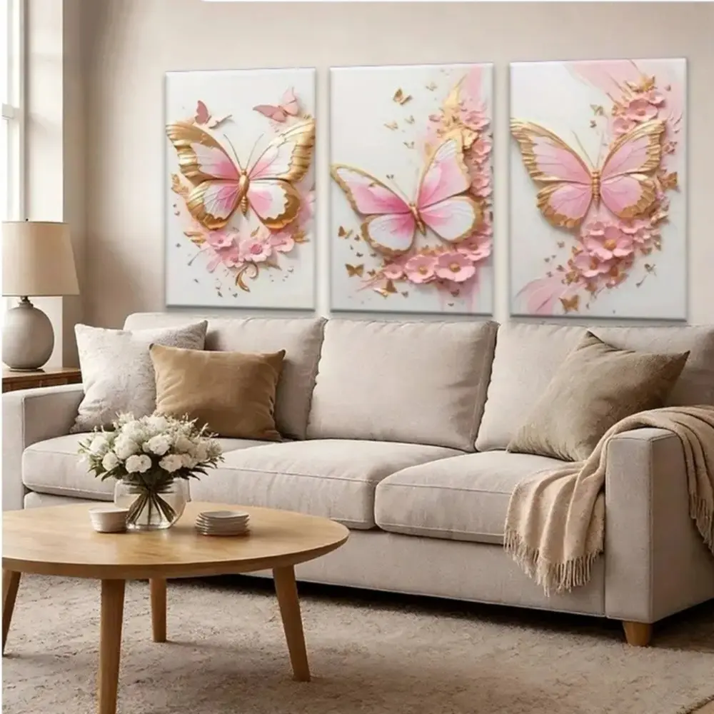 3-piece High-quality Pink Butterfly 3D Animal Art Prints, Canvas Wall Decor, Kids' Room Decoration, Framed and Unframed Options Available
