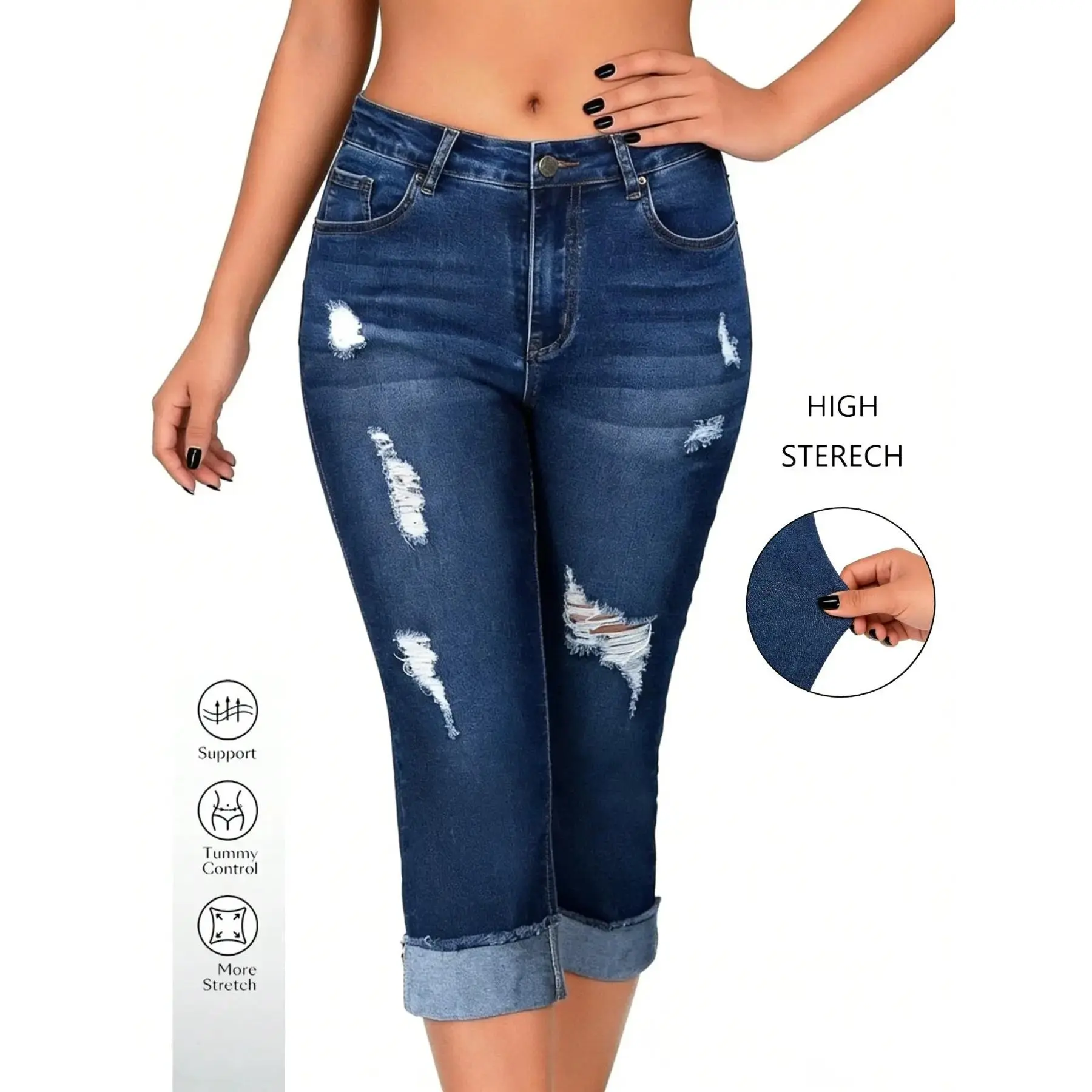 Women's Distressed Hem Folded Dark Wash Denim Seven-Quarter Jeans, Comfortable Elastic Fit, Slant Pockets, Casual Streetwear Daily Wear Fashion Design
