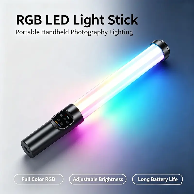 RGB LED Video Light Stick, Handheld Portable Photography Fill Light with 360° Full Color, Dimmable Brightness & Saturation, Built-in Battery, 1/4" Screw Hole for Live Streaming, Video Shooting