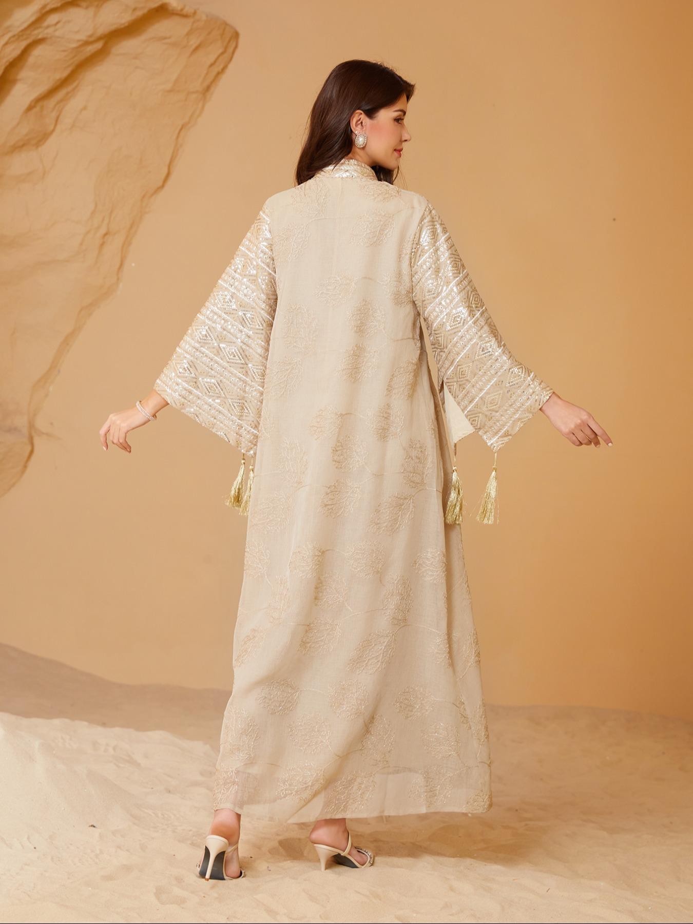 Women's Embroidery Long Sleeve Woven Dress,Elegant Fringe Trim Arabic Clothing for Party Evening Formal Occasions,Ladies Clothes for All Seasons