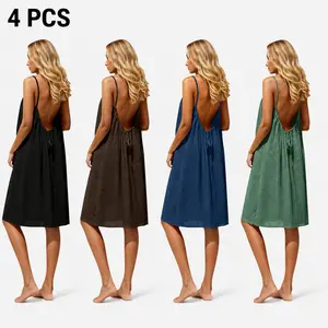 4 PCS Women's Solid Color Cami Lounge Dress Elegant Sleeveless Short Dress for Summer Ladies Sleepwear Indoor Wear Flowy Open Back Tie Slip Sundress Casual Beach Vacation Cover Up Comfortable Relaxed Fit Everyday Holiday Outfit
