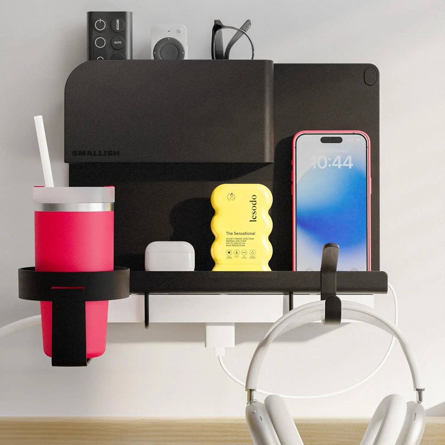 Bedside Wall Organizer & Dorm Decor - Dorm Room Essential, Floating Bedside Shelf Wall Mount Organizer, Remote Control Holder, Cool Teen Girls Trendy Stuff, Room Organization (Black)