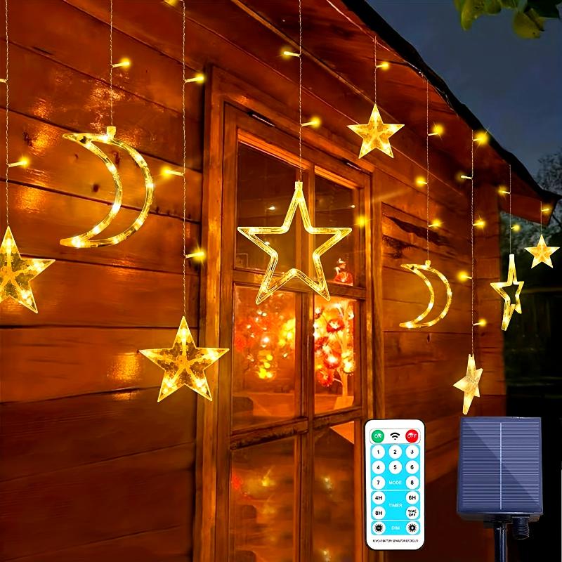 2-PACK Solar Star Moon String Lights Outdoor with Remote Control, 8 Modes, Waterproof Fairy Curtain LED Window Light Timer for Porch Windows Backyard Camping Garden Patio  Decorations, Garden Decor, Backyard Ambiance, Whimsical Design, Deco