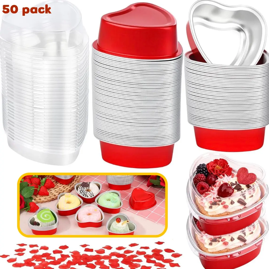 Cute Heart Shaped Aluminium Foil Baking Containers 50Pcs with Matching Lids, Versatile Oven Molds for Handmade Cakes, Perfect for Holiday Celebrations, Weddings, Mother’s Day & Gift Supplies