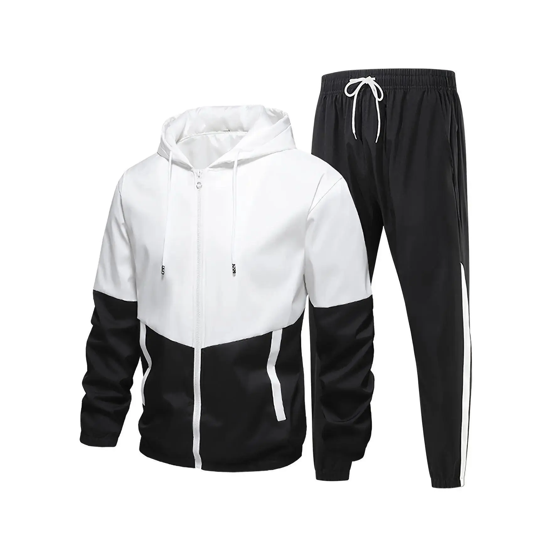 Men's 2-Piece Splicing Tracksuit Set - Polyester Sportswear with Hooded Top, Drawstring Below-the-Ankle Cuffed Pants, Ankle-Length Casual Sport Outfit, Athletic Sets, Activewear Running Outfits