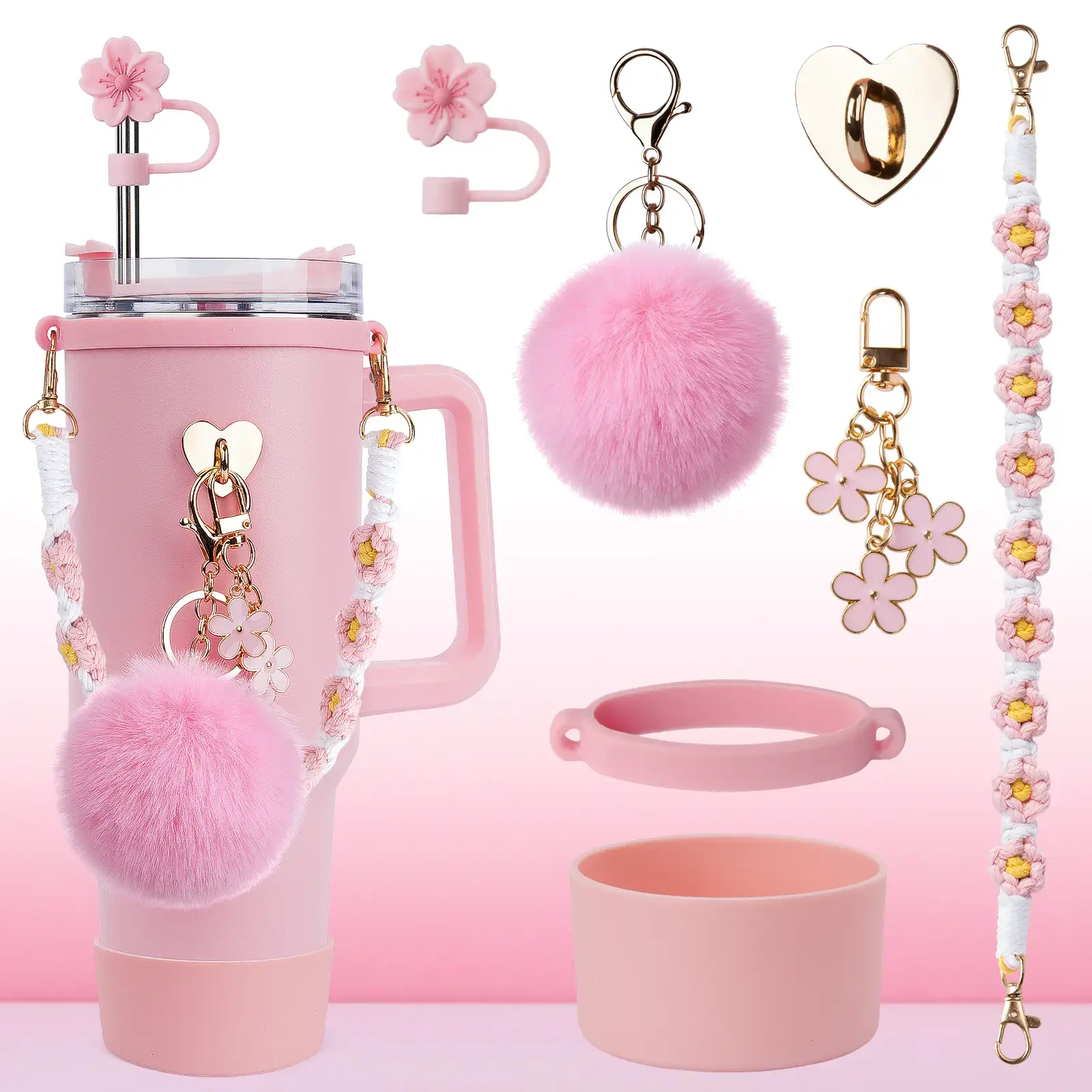 7Pcs lanyard mug accessory set, minimalist floral decoration, non-slip cup holder, silicone straw cap, elastic silicone drawstring ring, heart-shaped hook, and plush hairball,for Cup 40oz & 30oz Tumbler
