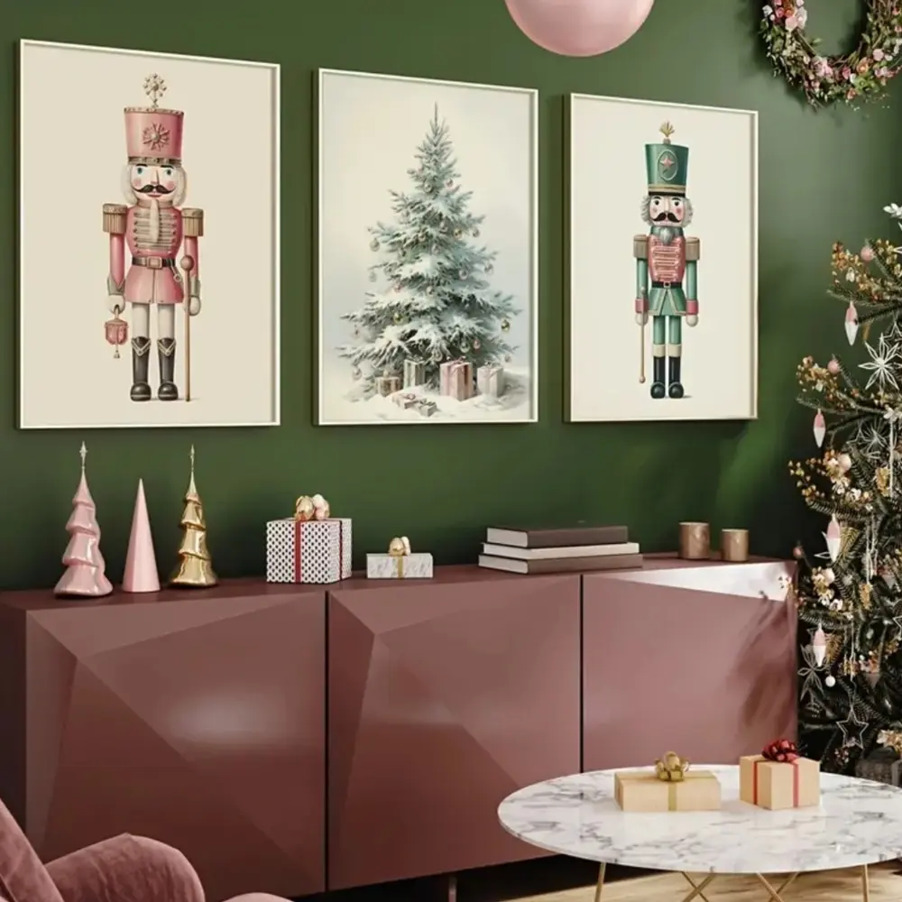 3pcs Wooden Frame Nutcracker Christmas Theme Soft Color Canvas Art, Living Room Bedroom Kitchen Office Decoration, Cozy Winter Holiday Fairy Tale Wall Hanging