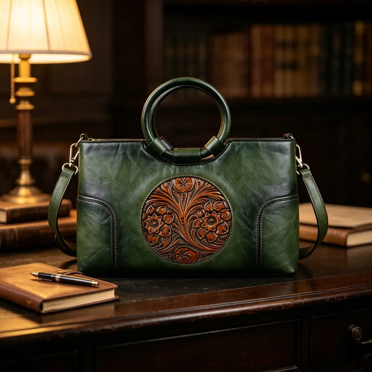 Women's retro green synthetic leather handbag with embossed flower pattern, retro top handle handbag, equipped with detachable slanted strap and gold hardware, elegant oriental embossed handbag, suitable for daily commuting and bohemian casual wear