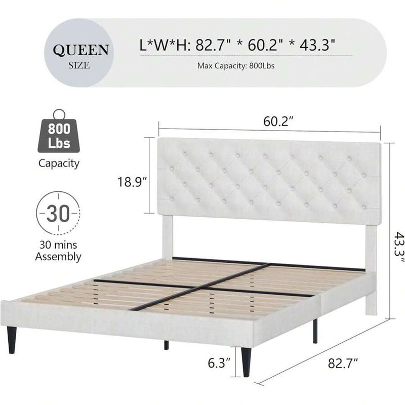 Linen Bed Frame with Button Tufted Headboard, Twin Full Queen  Sizes, No Box Spring Needed, Easy Assembly